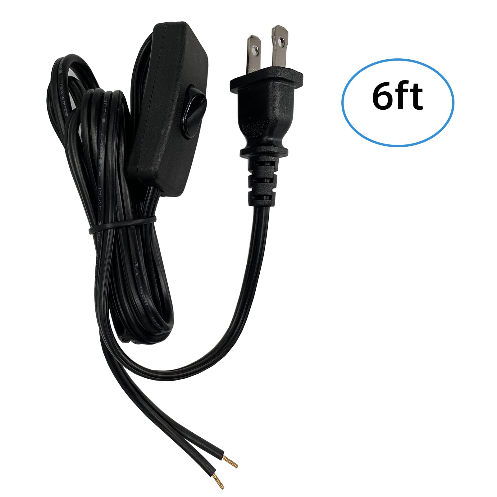 6 Feet Black Lamp Cord with Plug - 18 AWG 2 Prong Extension Cable, Pure Copper Stripped Ends for Wiring & Light Repair - Perfect for Table Lamps, Floor Lamps & DIY Lighting Projects