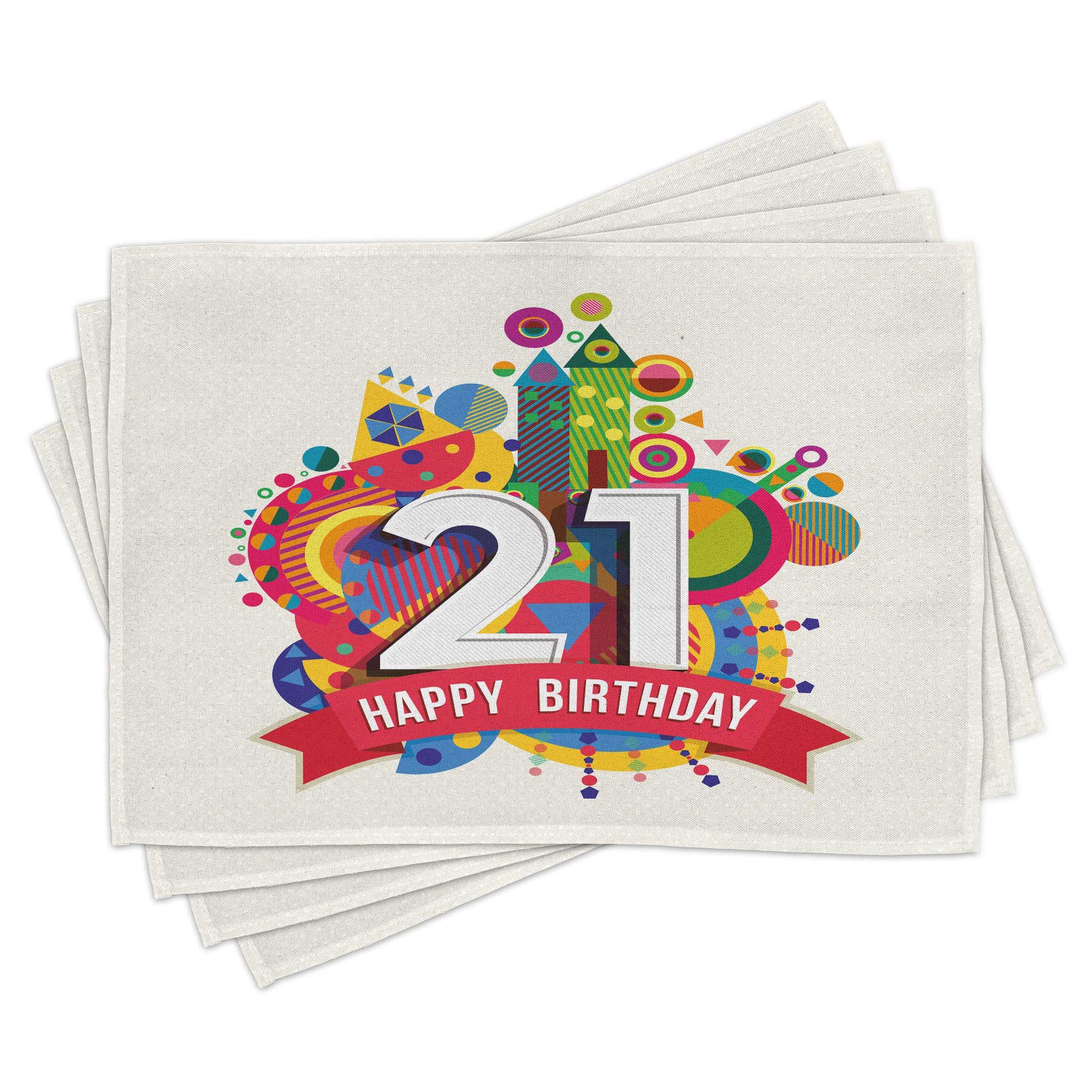 Ambesonne 21st Birthday Place Mats Set of 4 - Colorful Happy Birthday Themed Geometric Castle Print Washable Fabric Placemats for Dining Room & Kitchen Table Decor - Perfect for Birthday Parties, Celebrations & Home Dining