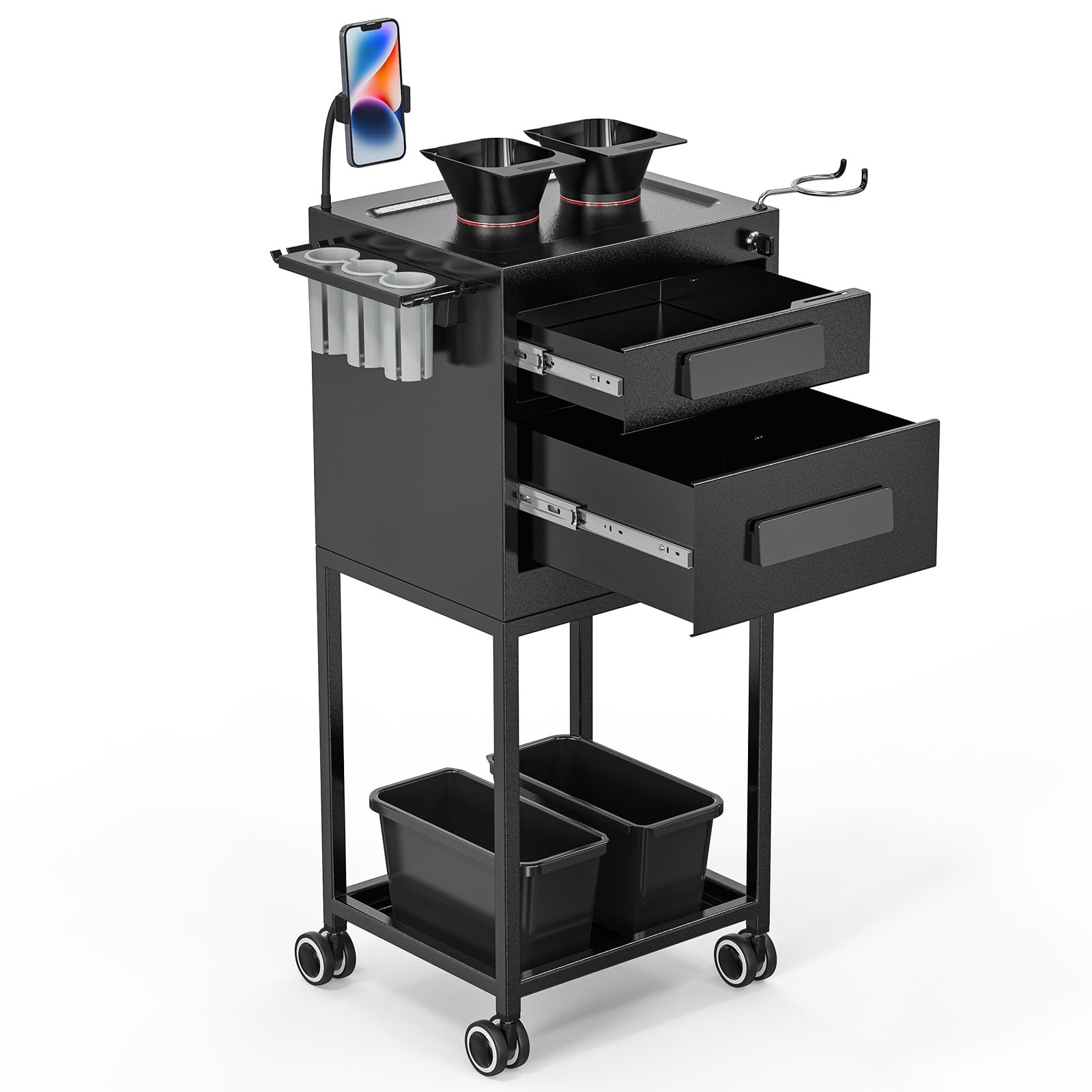OmySalon Professional Metal Salon Trolley Cart with 2 Lockable Drawers & Magnetic Bowls - Mobile Hair Stylist Station for Barber Shops, Hairdressing & Tattoo Equipment - Perfect for Salon Organization, Styling Tools Storage & On-the-Go Hair Services