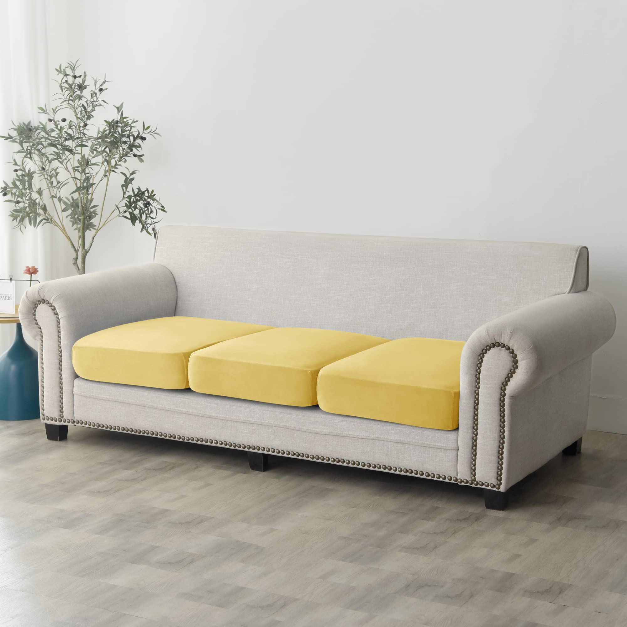Soft Velvet Plush Stretch Cushion Cover with Elastic Bottom - Yellow Sofa Slipcover (Set of 3) | Furniture Protector for Living Room, Bedroom & Office Decor