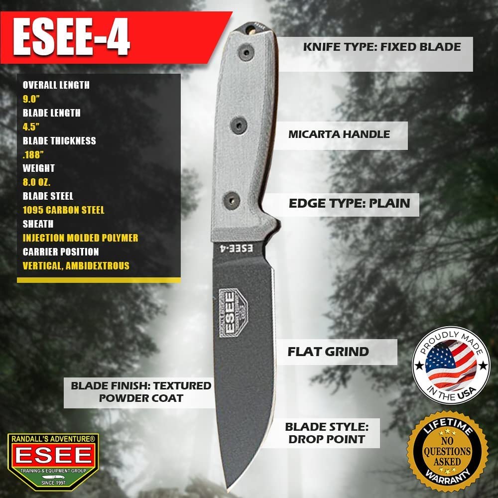 ESEE 4P Survival Knife - Full Tang Fixed Blade Outdoor Knife with Polymer Sheath | Heavy Duty Camping, Hunting & Bushcraft Knife | Perfect for Wilderness Survival, Hiking & Emergency Preparedness