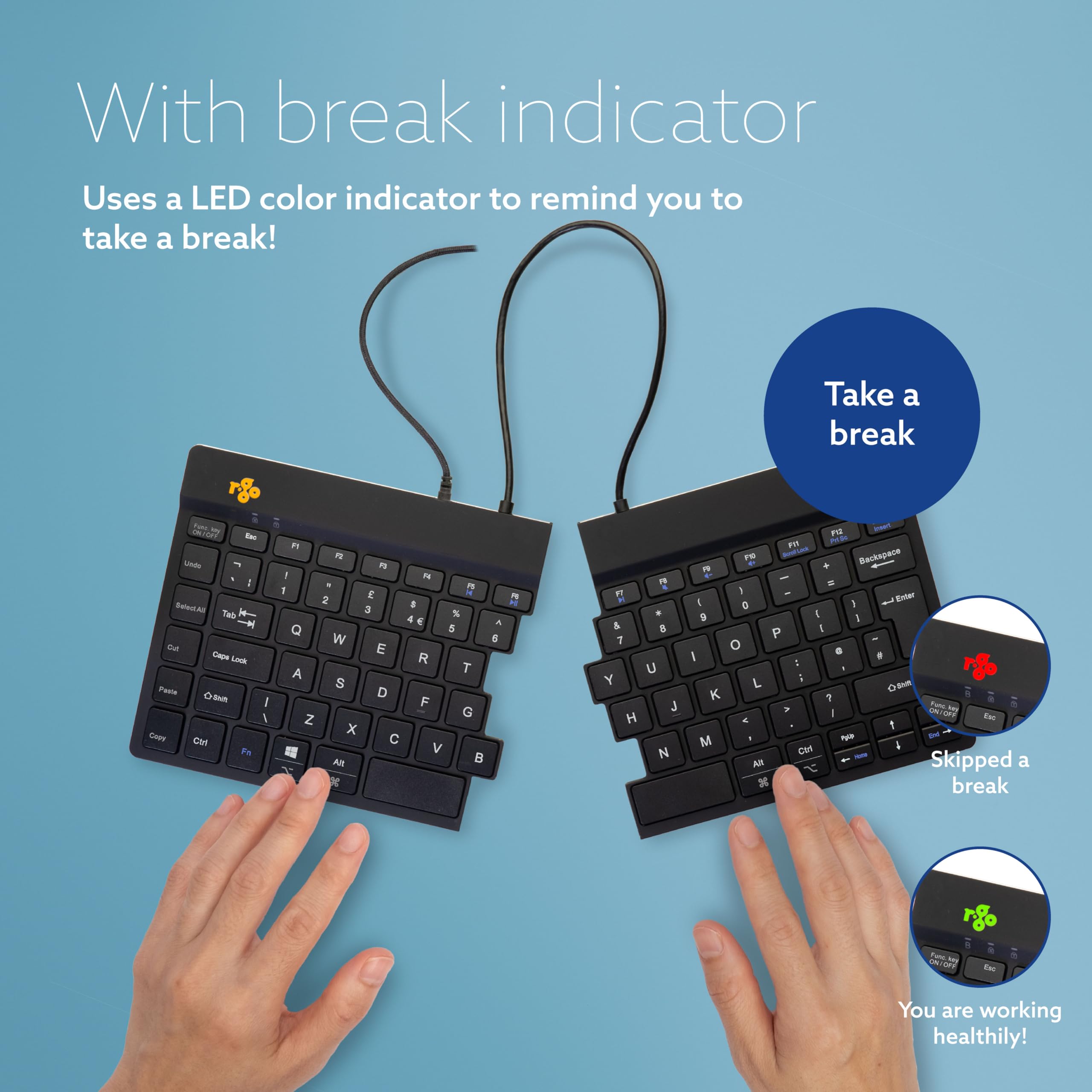 R-Go Ergonomic Split Keyboard - Natural Typing for Carpal Tunnel Relief | 2-Part Ultra Thin Design with Break Reminder Software | QWERTY(UK) Layout USB Wired Black Keyboard | Perfect for Office, Home & Long Typing Sessions