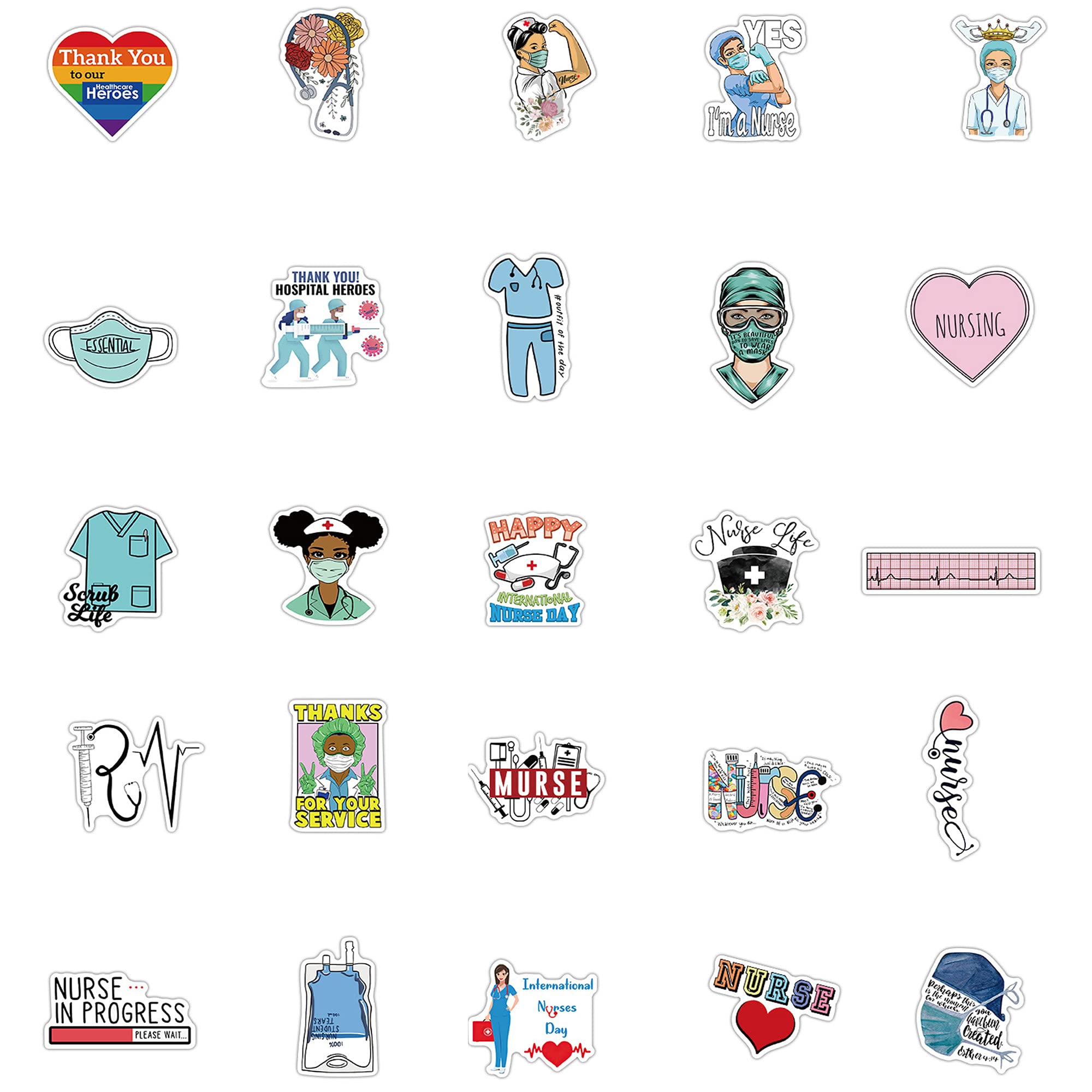 Nurse Stickers 50pcs - Cute White Angel Cartoon Vinyl Waterproof Stickers for Water Bottles, Laptops, Phone Cases & More | Perfect for Hospital Workers, Healthcare Professionals & Medical Students