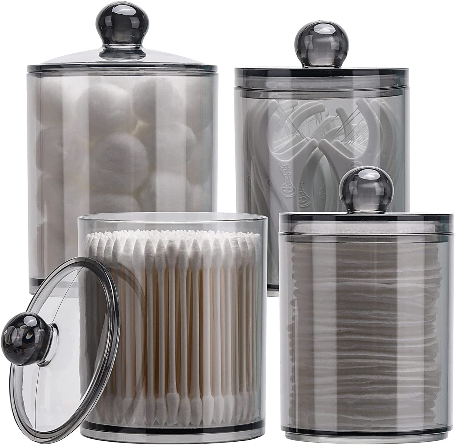 Glozzeria 4-Pack Clear Plastic Jars with Airtight Lids - Cotton Swab & Ball Pad Storage Containers, Makeup Organizer for Floss Picks, Cosmetics, Jewelry | Perfect for Bathroom Counter, Vanity & Travel Organization