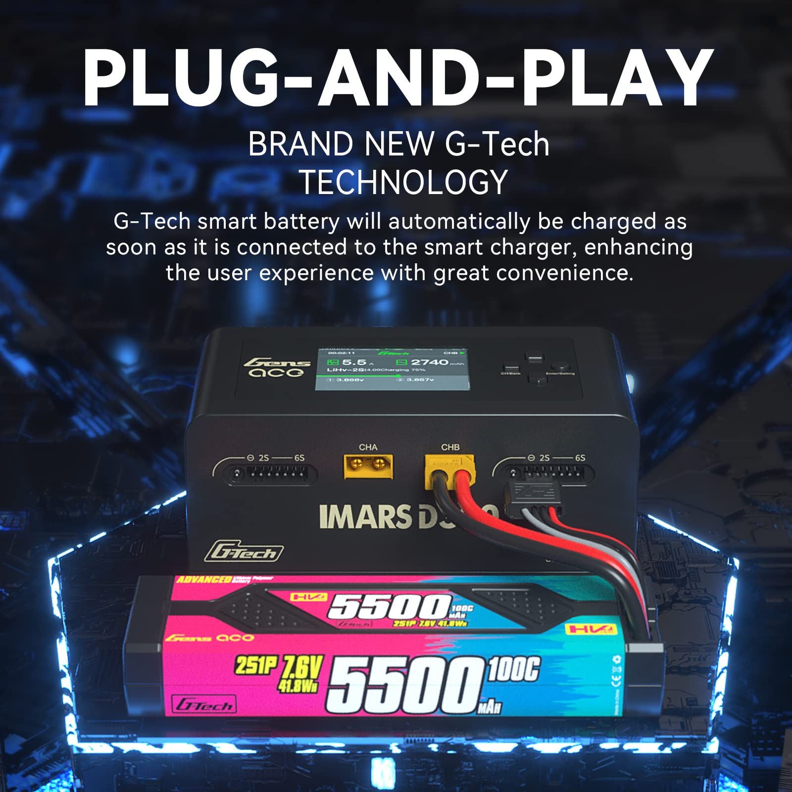 Gens Ace IMARS D300 G-Tech Series Smart Dual Lipo Battery Charger - 16A AC 300W DC 700W Fast Charging for RC Cars, Drones & Airsoft - Black - Perfect for Hobbyists & Professional RC Enthusiasts