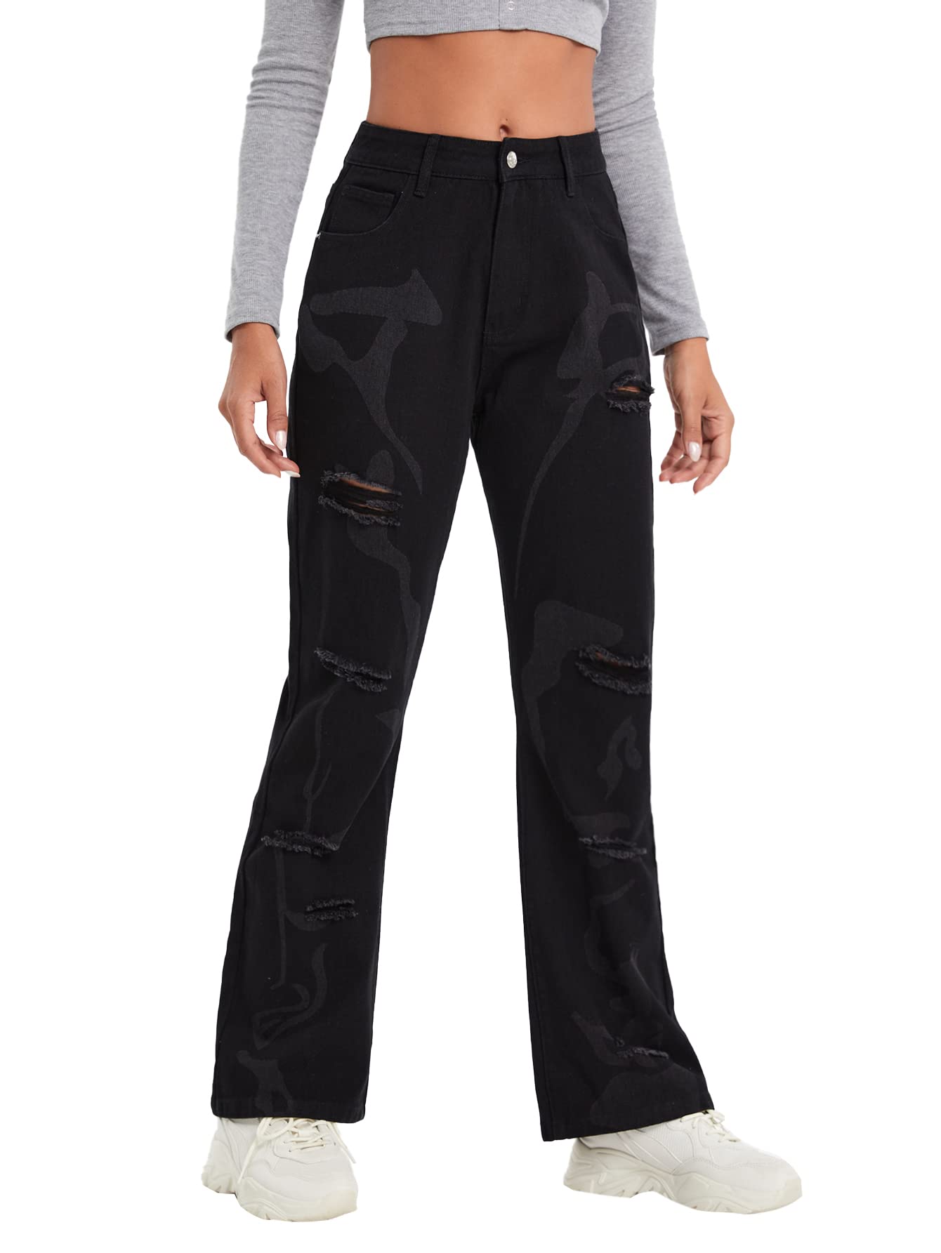 WDIRARA Women's High Waisted Button Ripped Distressed Jeans - Casual Denim Pants for Everyday Wear, Street Style & Outfits | Stretch Comfort Fit for Plus Size & Petite