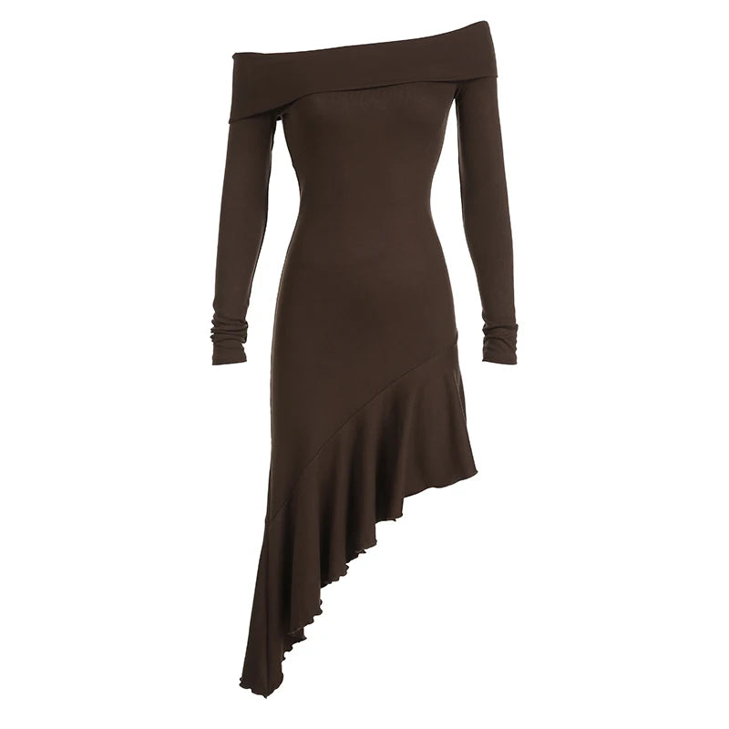 Elegant Asymmetrical Brown Midi Dress for Women - Ruffled Slash Neck Bodycon Dress with Long Sleeves | Perfect for Autumn Parties, Date Nights & Office Wear