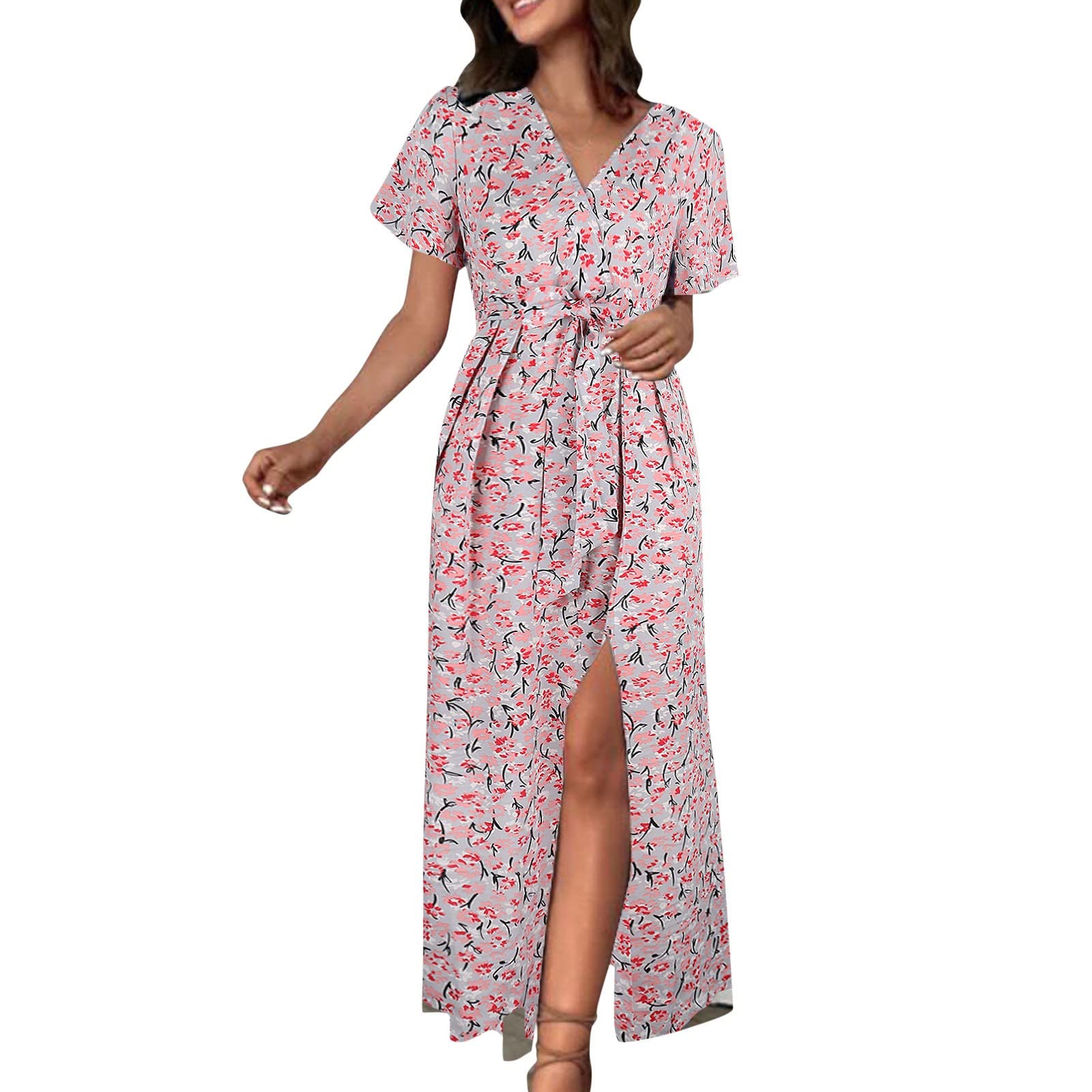 Women's Floral Print V-Neck Short Sleeve Maxi Dress - Summer Casual Sling Dress for Beach, Party & Vacation | Fashion Long Dresses for Women