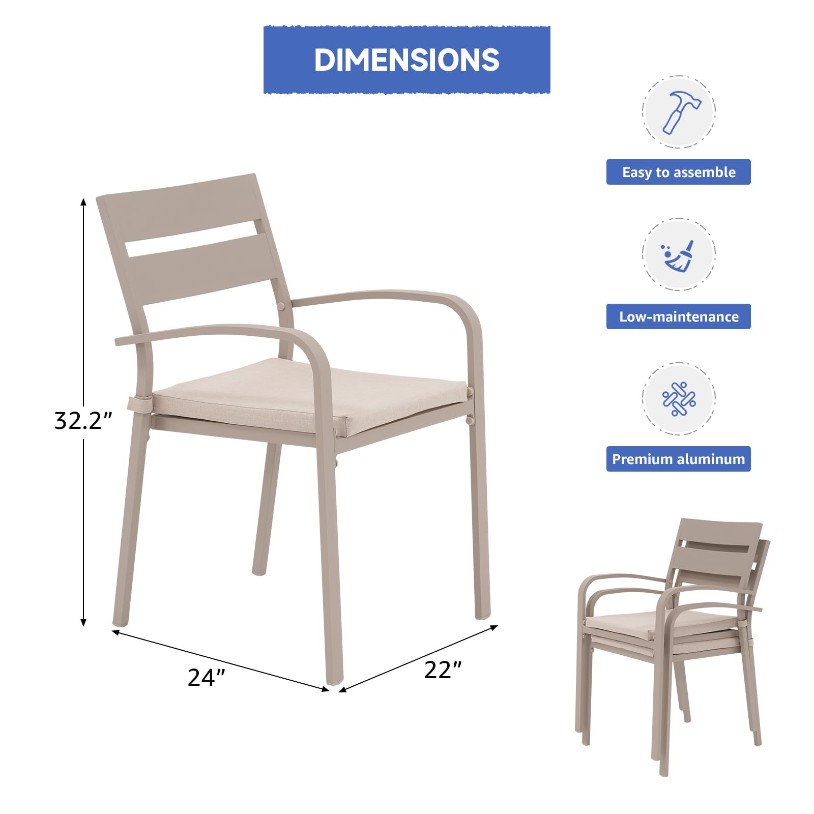 Outdoor Aluminum 4-Piece Patio Dining Chairs Set with Cushions - Stackable Bistro Chairs for Balcony, Garden, Backyard - Flaxen Finish & Beige Cushion - Perfect for Outdoor Dining, Entertaining, and Relaxing