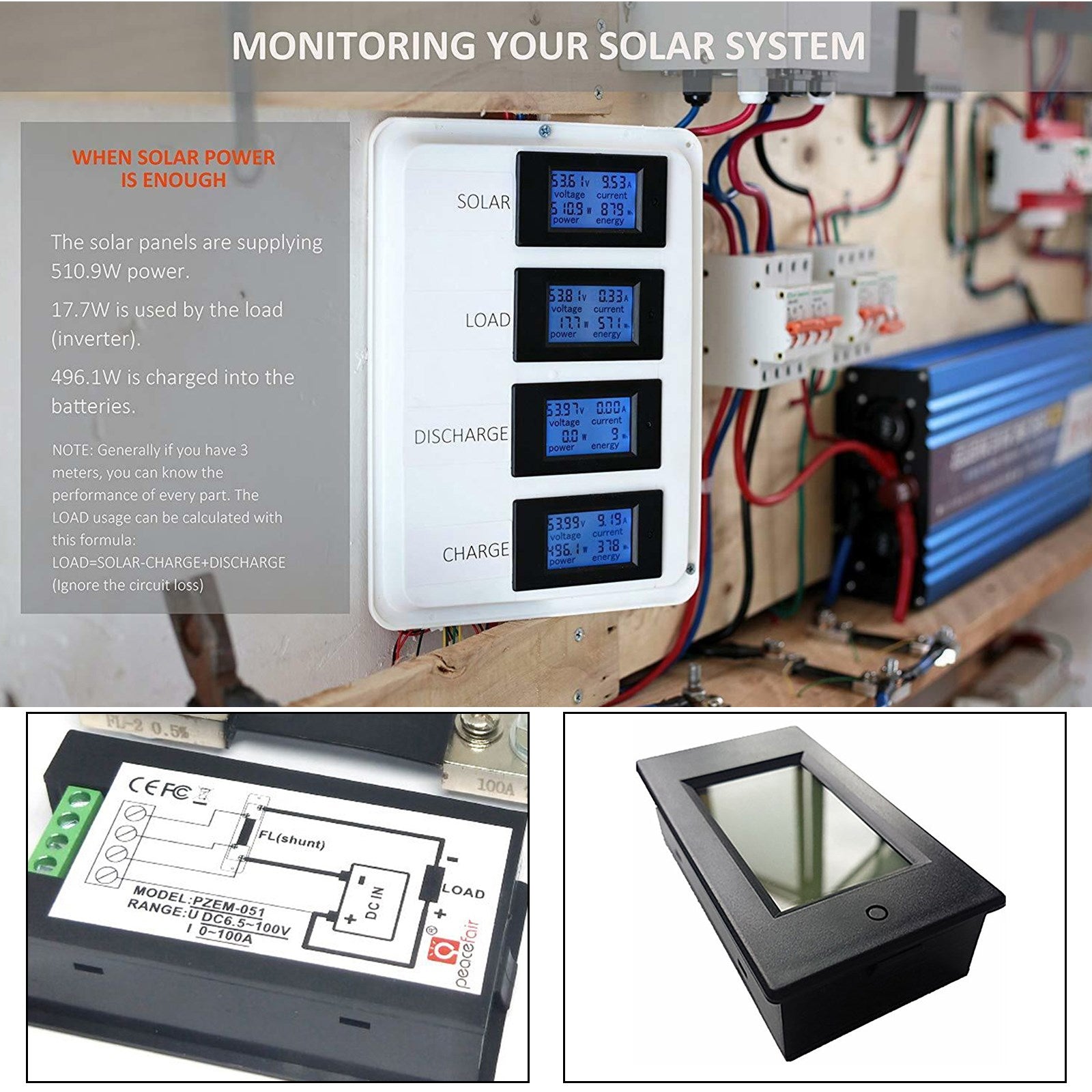 100A DC Digital Watt KWH Current Power Energy Meter with Ammeter Voltmeter 100V - Monitor Solar Panels, Batteries, and Electrical Systems