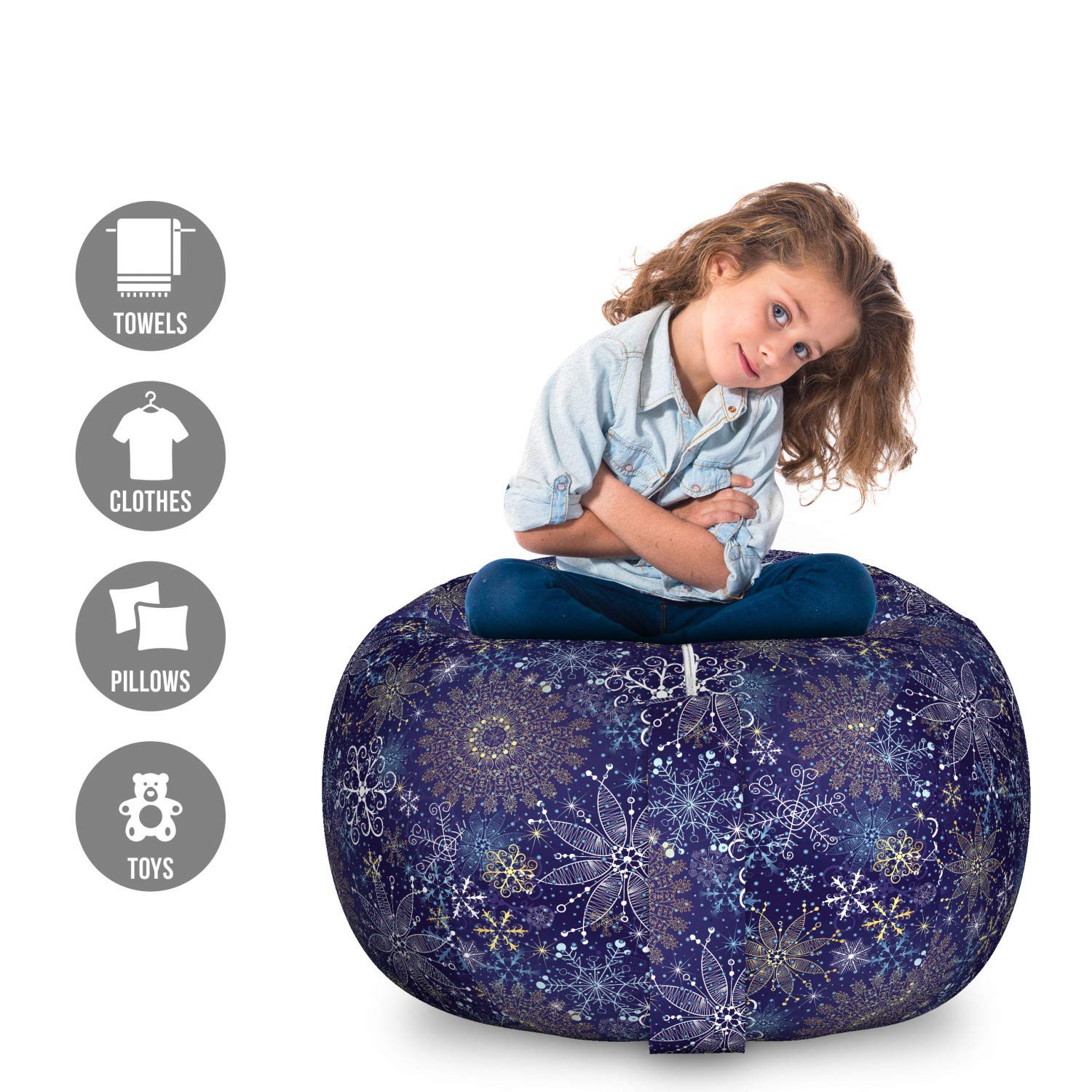 Ambesonne Dark Blue Storage Toy Bag Chair - Christmas Inspired Pattern with Ornate Snowflakes Mandala Design | Large Washable Stuffed Animal Organizer | Perfect for Kids' Room, Nursery & Holiday Decor