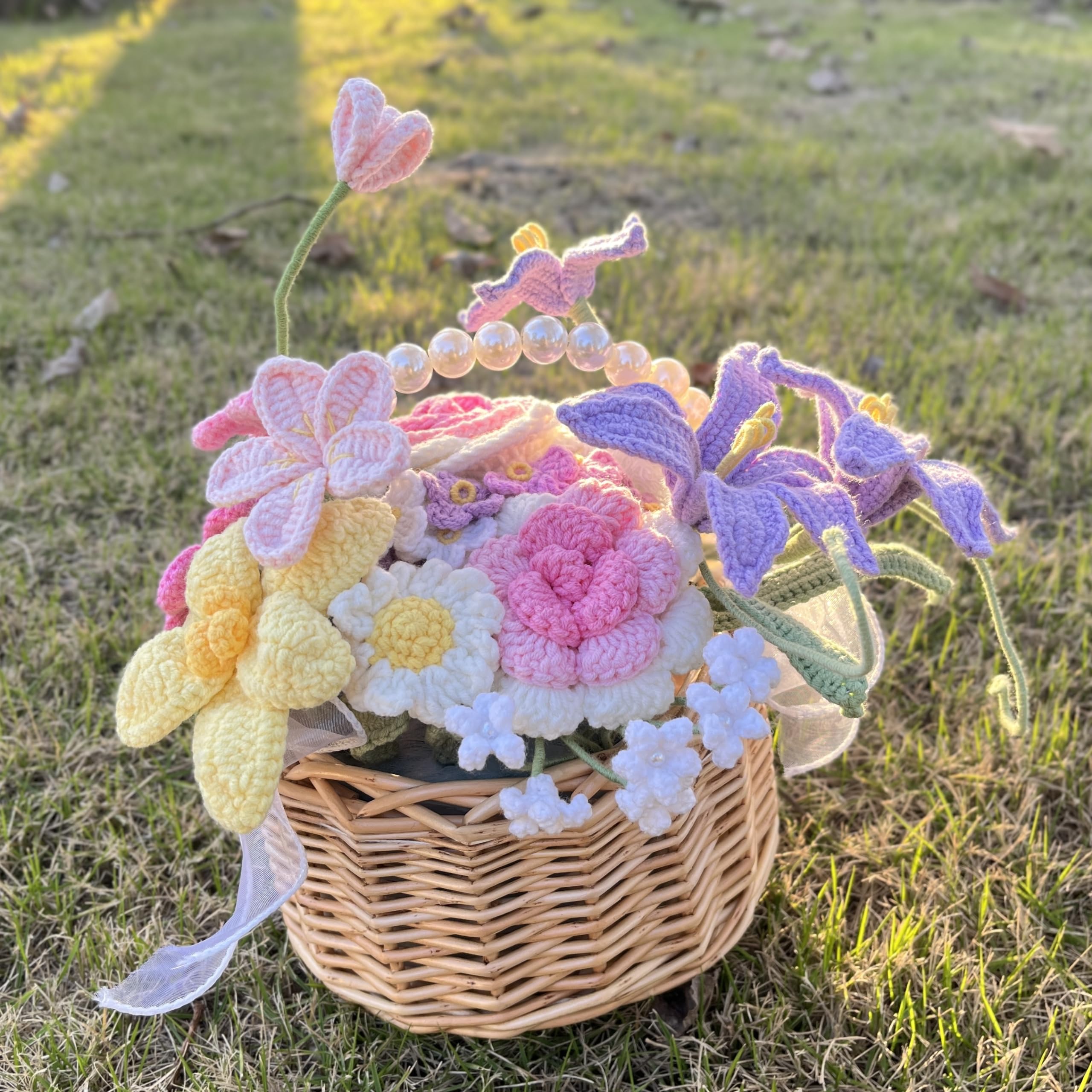 JOMODECOR Handmade Crochet Flower Basket - Artificial Potted Flowers with Forget-Me-Not, Daisy, Tulip & Rose - Perfect Gift for Girlfriend, Mom & Women - Home Office Desk & Bedroom Decor (Pink) - Ideal for Wedding Centerpieces, Baby Showers & Spring Home Decor
