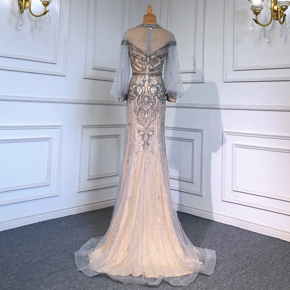 Serene Hill Grey Nude Luxury Evening Dresses for Women 2025 - Beaded Lantern Sleeve Mermaid Gown for Prom, Gala & Formal Events | Elegant Party Dress LA71603