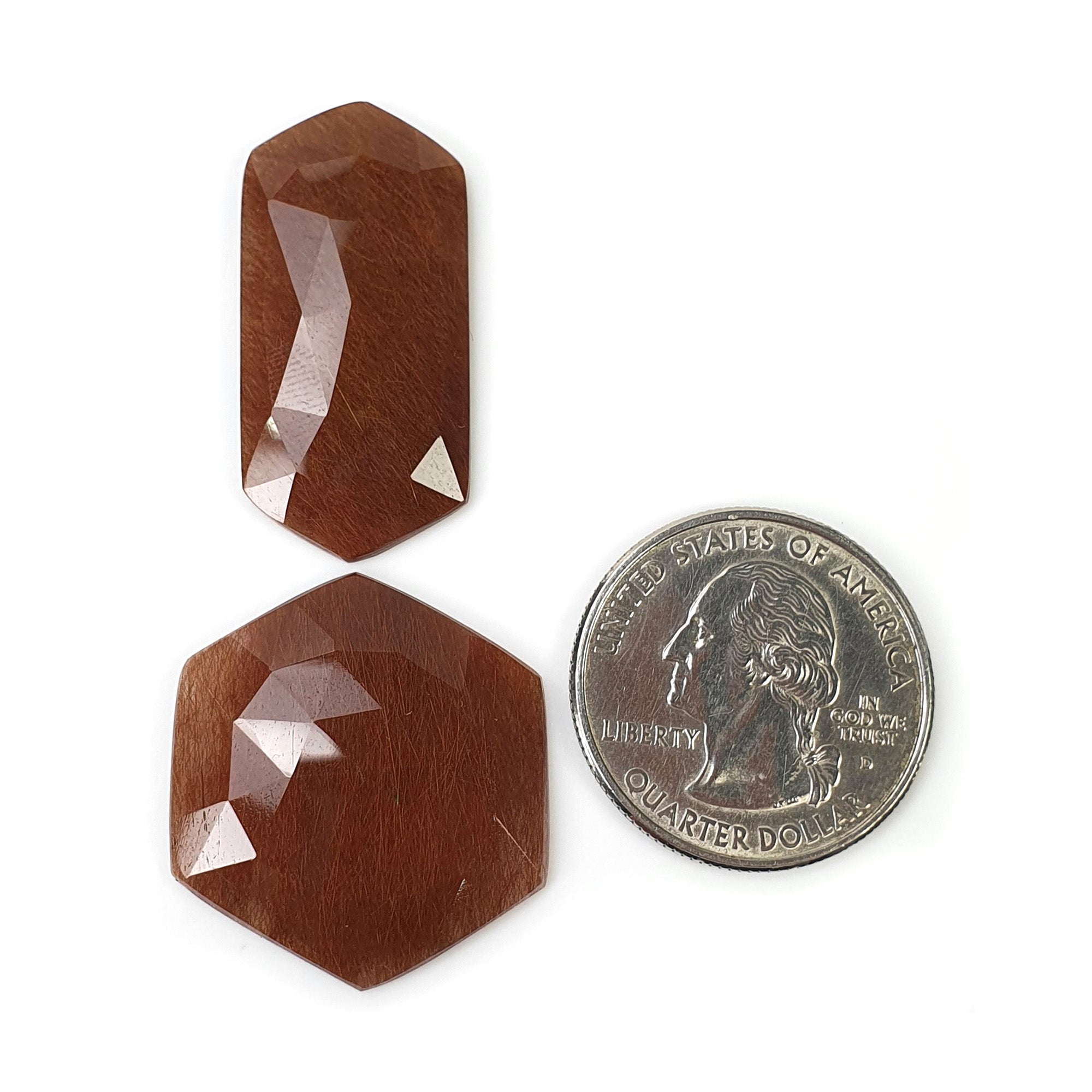 Natural Brown Rutile Quartz Gemstone - 37.80cts Untreated Hexagon Rose Cut (32x15mm & 24mm 2pcs) for Jewelry Making, Healing Crystals & Mineral Collection - Includes Video