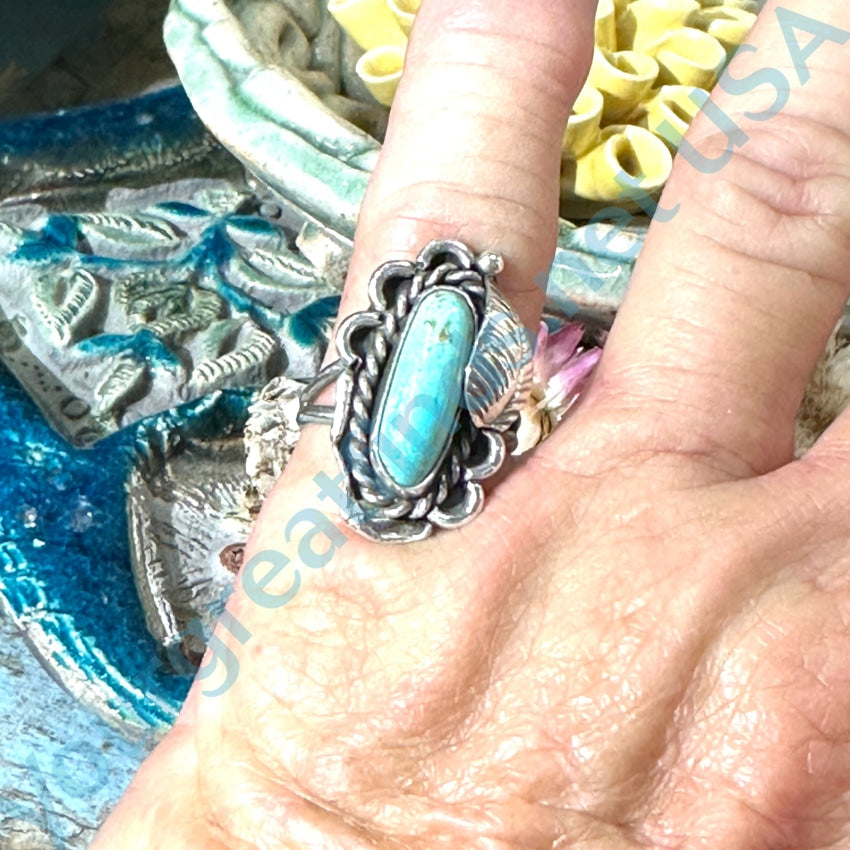Sterling Silver One Feather Ring with Pale Blue Turquoise - Size 6 - M. Weahkee - Perfect for Boho Jewelry Lovers & Native American Style Accessories