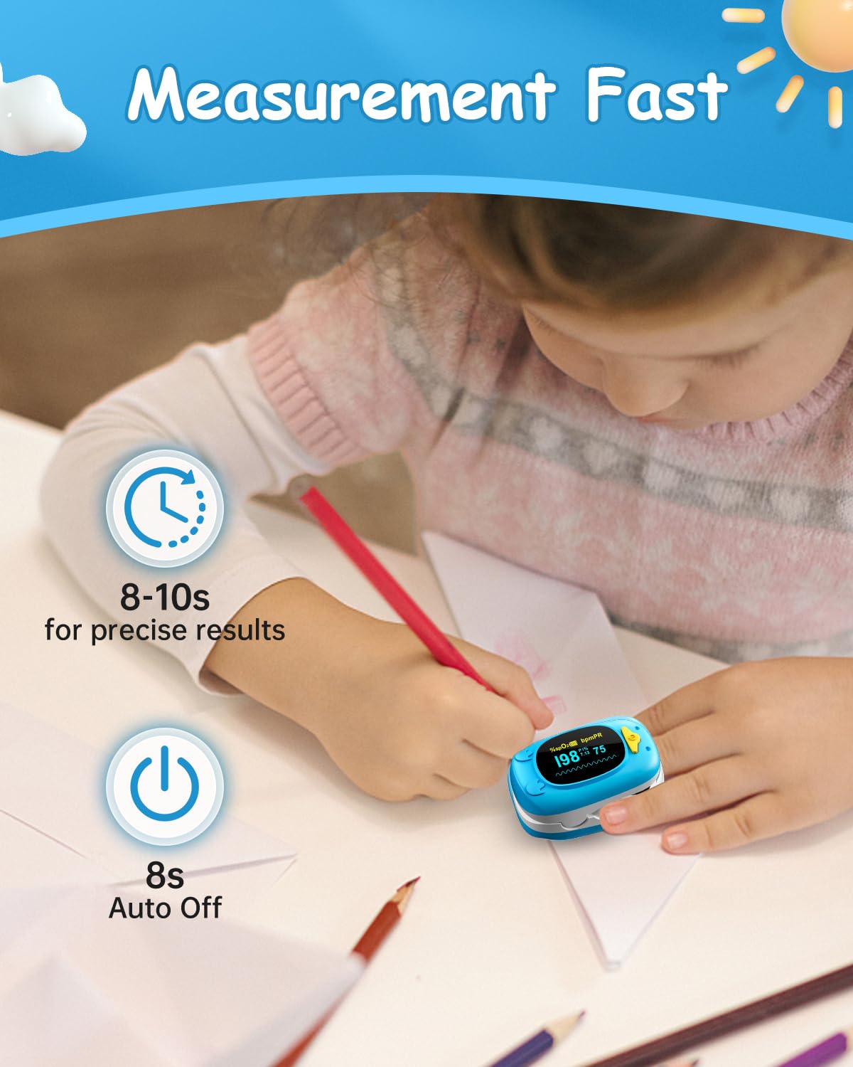 **Kids Fingertip Pulse Oximeter - Portable Blood Oxygen Saturation Monitor for Children with OLED Display & 2 AAA Batteries - Ideal for Home, Travel, and Sports Activities**