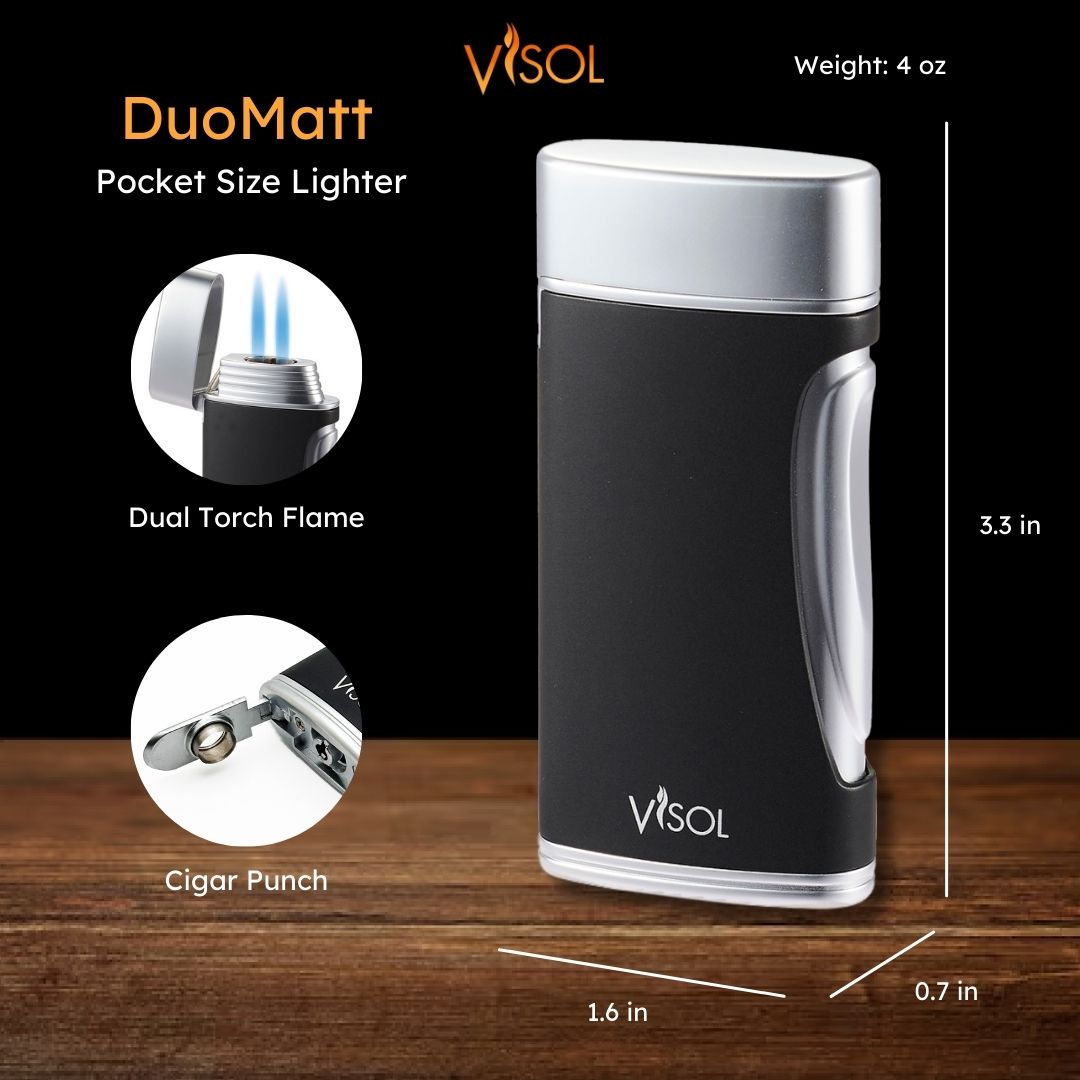 Visol DuoMatt Matte Black Double Flame Cigar Lighter - Windproof Refillable Butane Lighter for Cigars, Cigarettes & Outdoor Use (Camping, BBQ, Hiking)