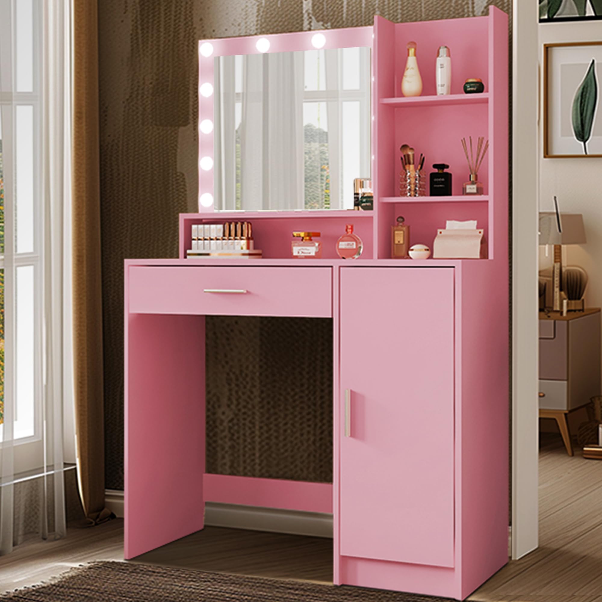 Vanity Desk with Mirror and Light - Large Drawer & 3-Tier Storage Dresser, 3 Adjustable Lighting Modes, Pink Makeup Dressing Table for Bedroom | Perfect for Makeup, Skincare & Jewelry Organization
