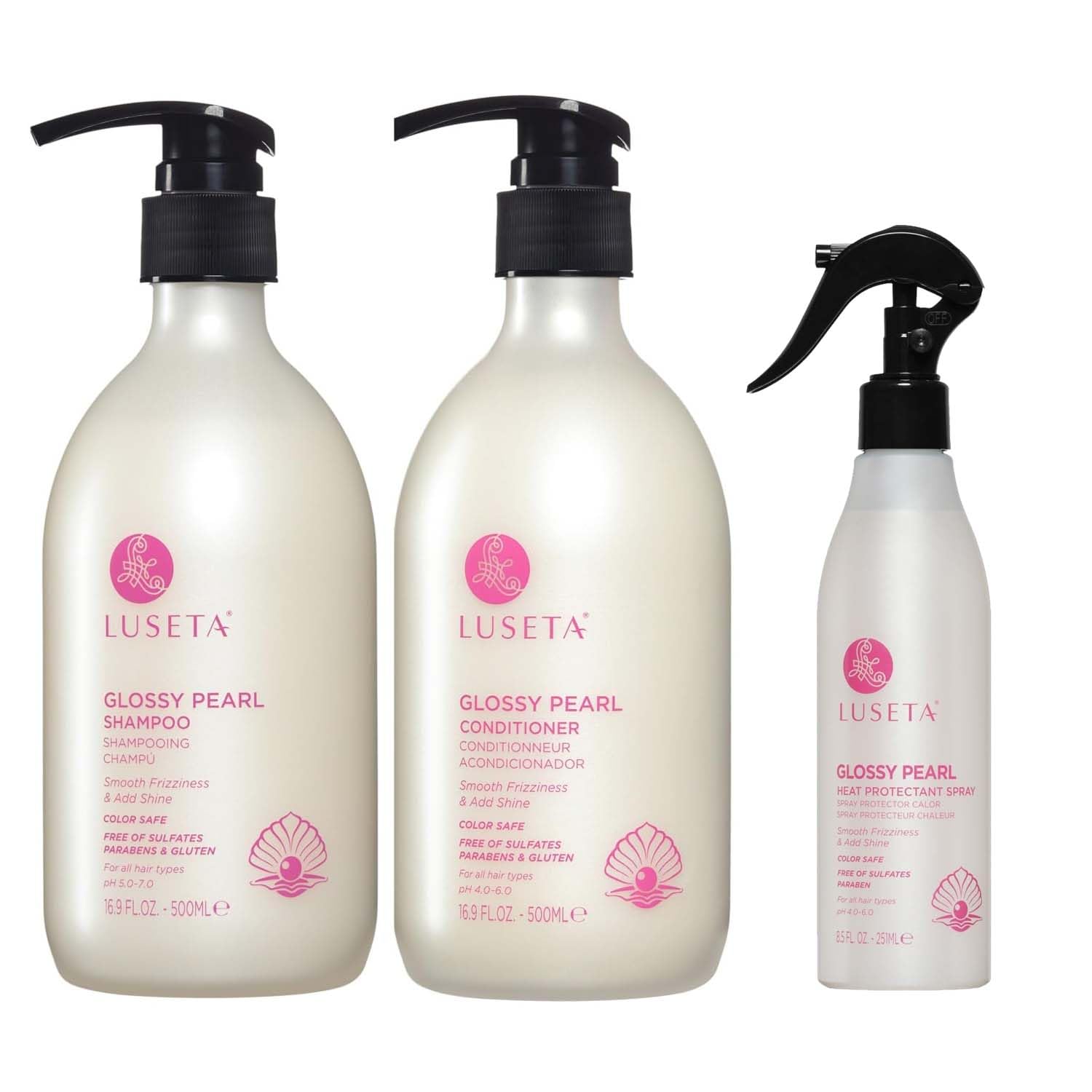 Luseta Glossy Pearl Shampoo & Conditioner Set with Heat Protectant Spray - Repair & Shine Treatment for Damaged Hair - Salon Quality Hair Care for Dry, Frizzy & Color-Treated Hair - Perfect for Daily Use & Styling Protection