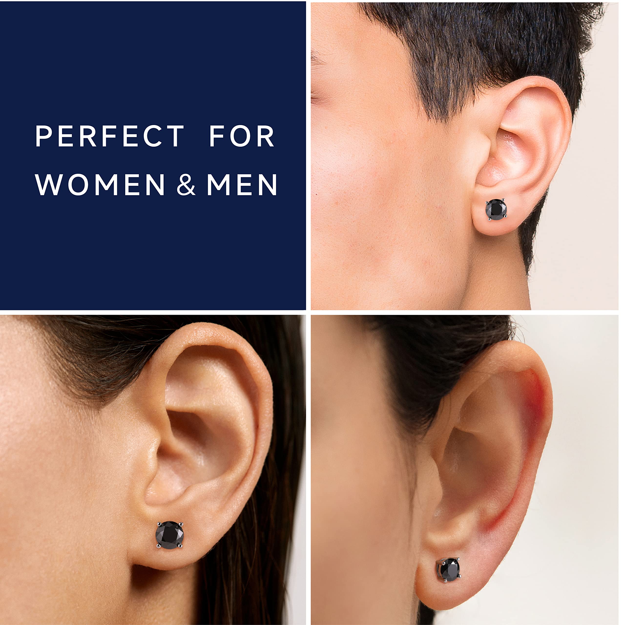 Black Moissanite Stud Earrings for Men & Women - 1-2 Carat Simulated Diamond, Sterling Silver, Hypoallergenic, Square Sparkly Earrings - Perfect Jewelry Gift for Him & Her - Ideal for Weddings, Parties, and Special Occasions