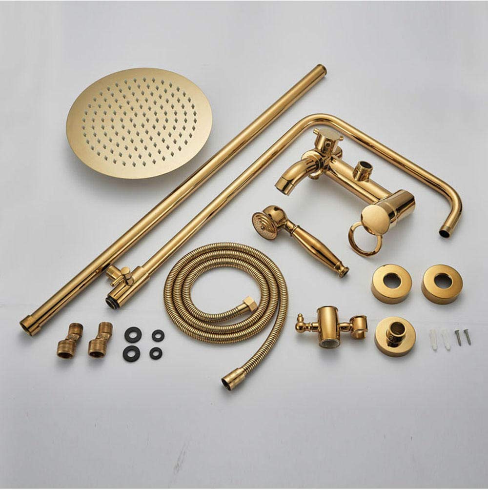 8 Inch Golden Brass Rainfall Bathtub Faucet - Wall Mounted Shower Mixer Tap with Sliding Bar for Luxurious Bathroom Upgrade | Perfect for Modern Bathrooms & Spa-Like Showers