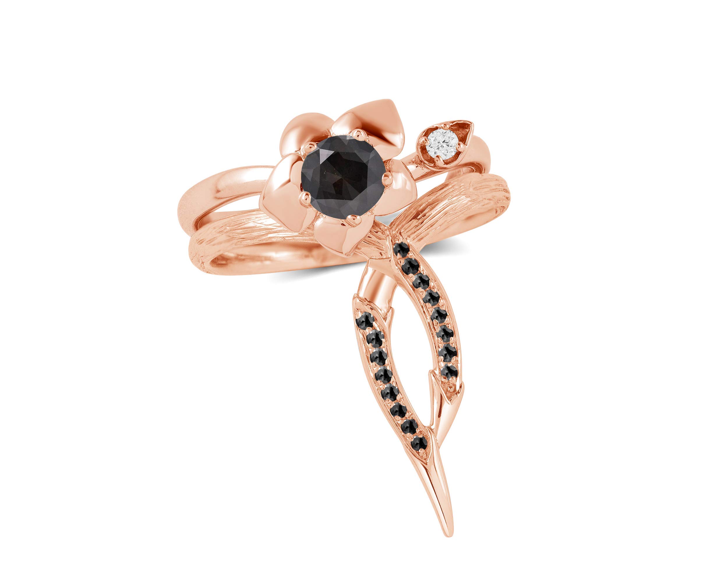 Elegant Floral Rose Gold Wedding & Engagement Ring Set with Black Diamond - Orchid Inspired Women's Ring for Bridal, Anniversary & Special Occasions