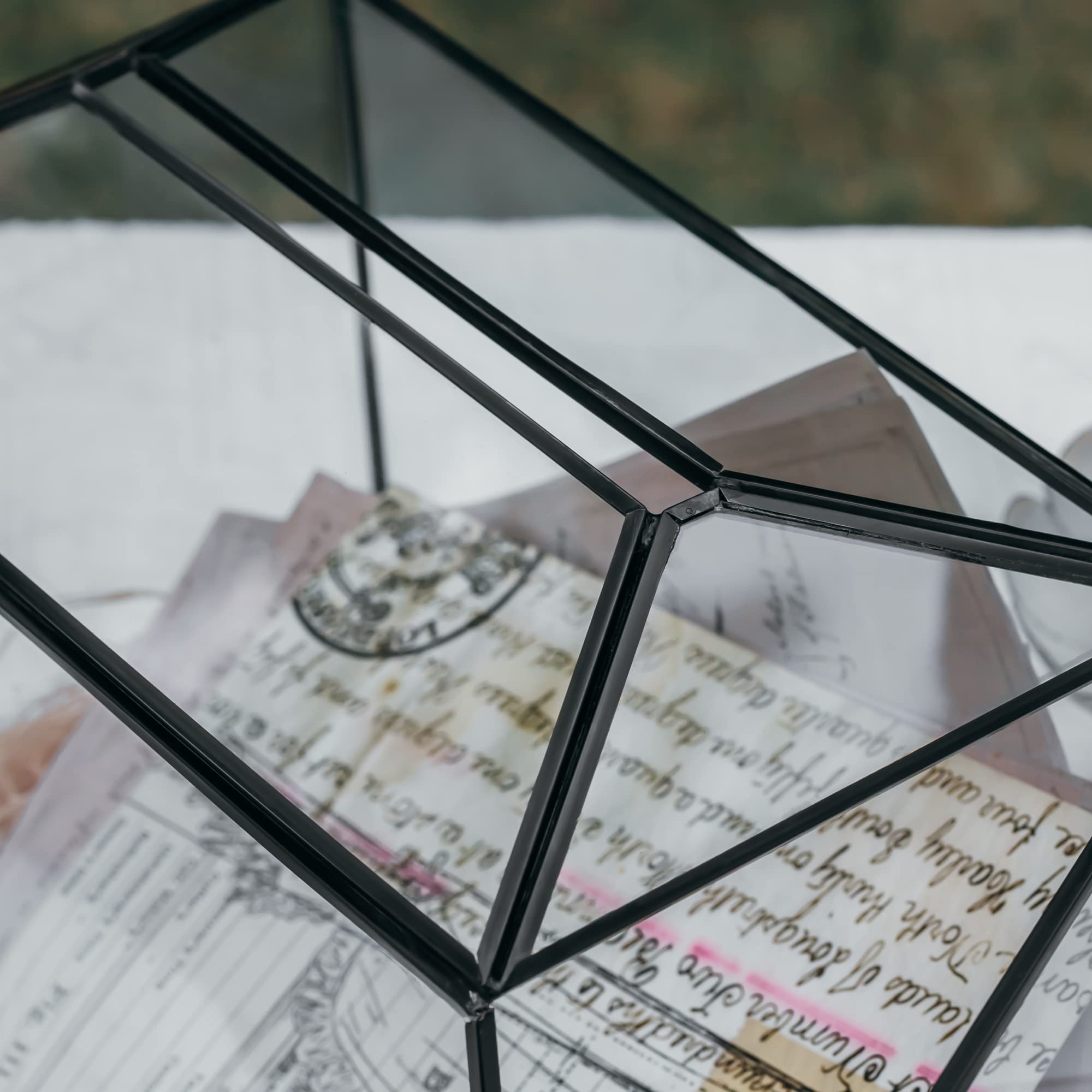 Elegant Black Geometric Glass Cards Box with Slot & Lock - 10.2x5.9x7.9 Inch Handmade Wedding Wishing Well Terrarium - Perfect for Birthday Parties, Reception Decor & Gift Card Holder (Glass Box Only)