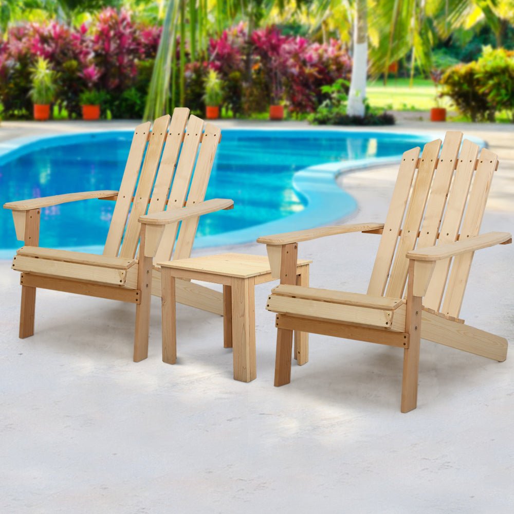 3PC Natural Wood Adirondack Outdoor Table and Chairs Set - Patio, Garden, Beach Furniture for Relaxing in Backyard or Seaside