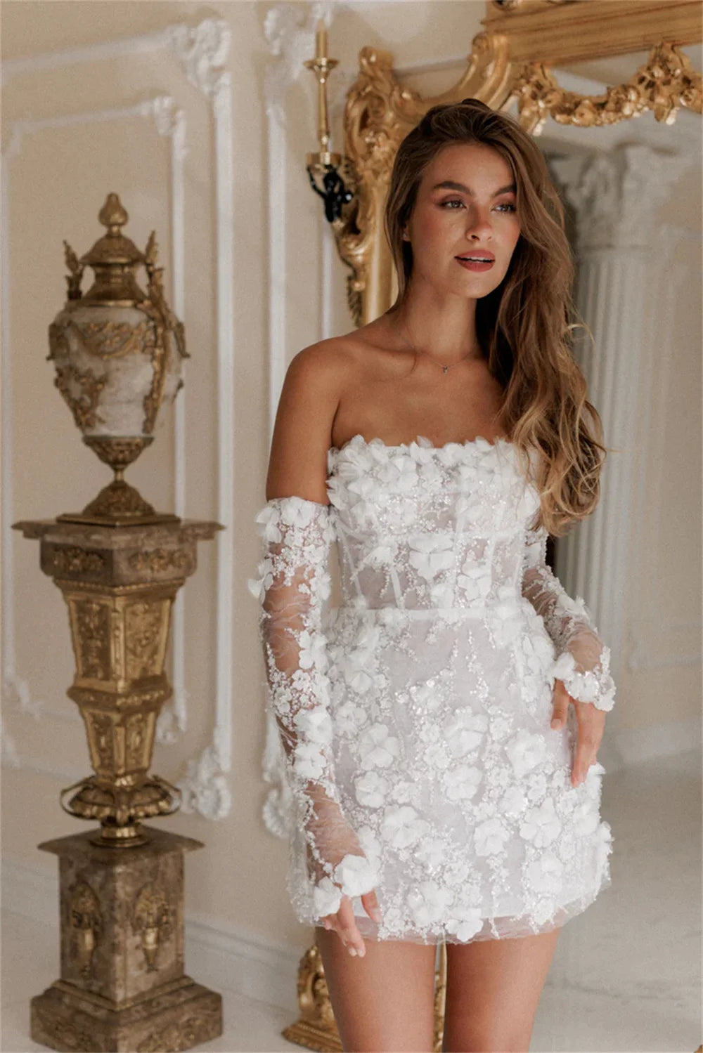 Elegant Floral Lace Appliques Prom Dress - Off Shoulder Mini Evening Gown with Detachable Sleeves for Homecoming, Wedding, Party & Special Occasions
