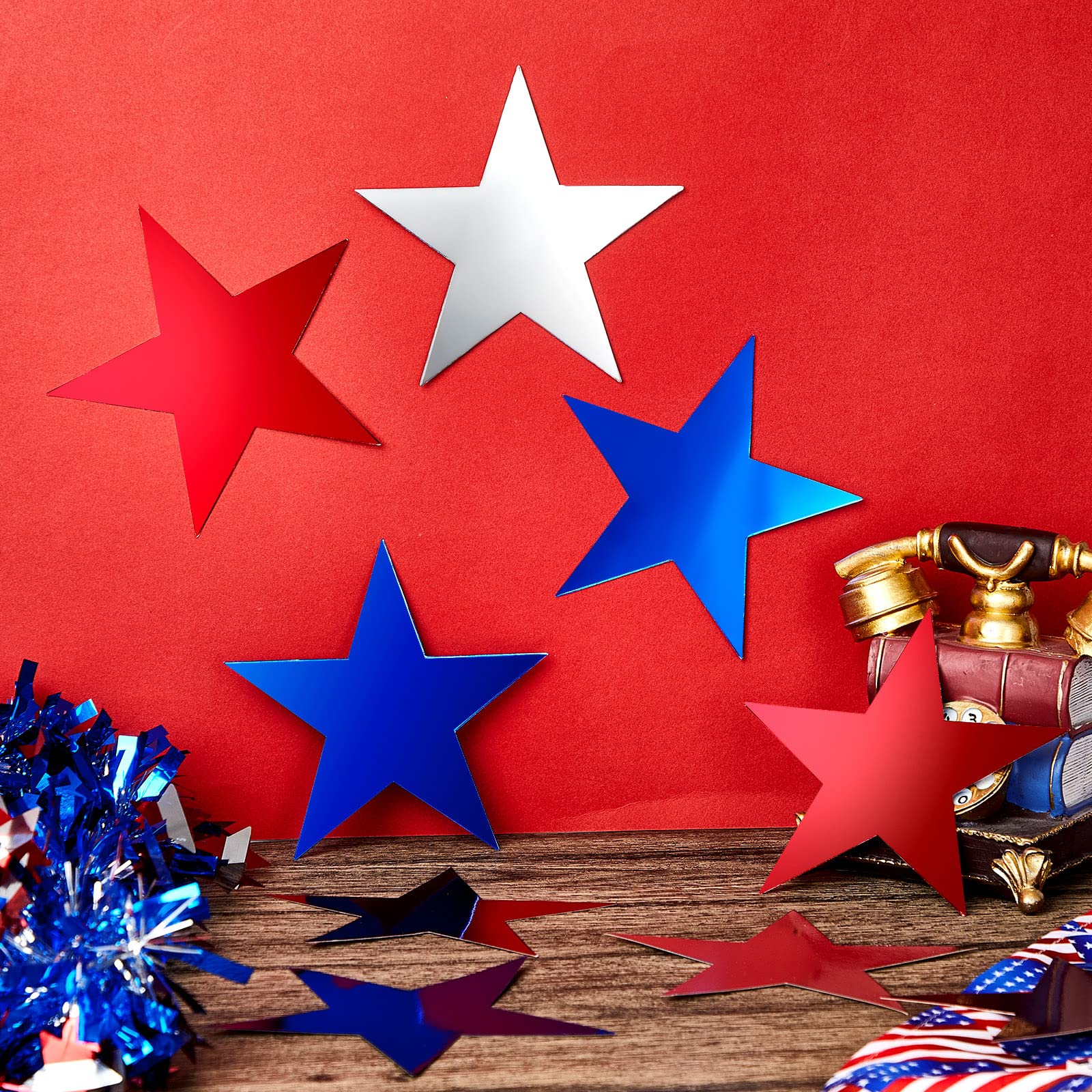80-Piece Glitter Star Cutouts - Double-Sided Printed Cardboard Stars for Bulletin Boards, Classroom Walls, Party Decor (6 Inches, Red, Blue, Silver) | Perfect for Holiday Decorations, Birthday Parties, and DIY Craft Projects