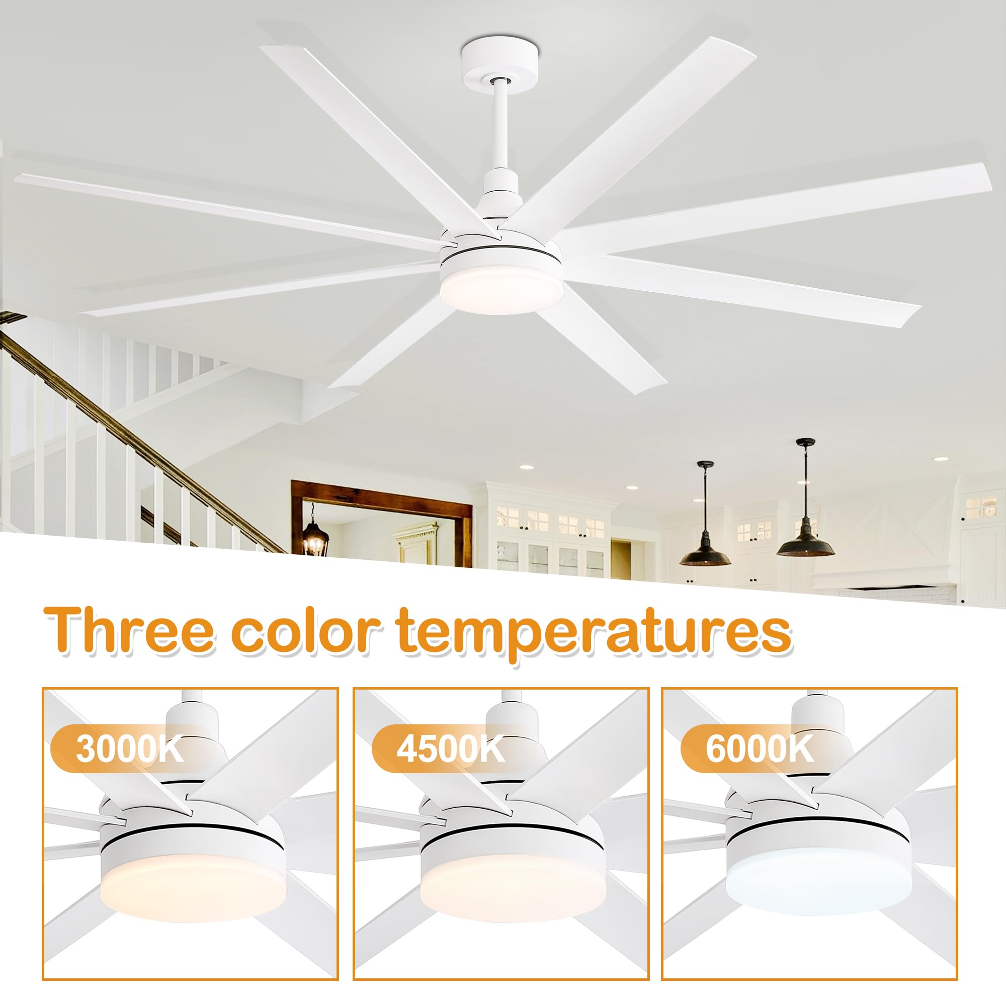 72 Inch Smart Ceiling Fan with LED Light and Remote Control - 8 Reversible Blades, Ultra Quiet DC Motor, 6 Speed Settings & Timer - Modern Industrial Style for Bedroom, Living Room, Office - Energy Efficient Cooling with Stylish Chandelier Lighting (White)