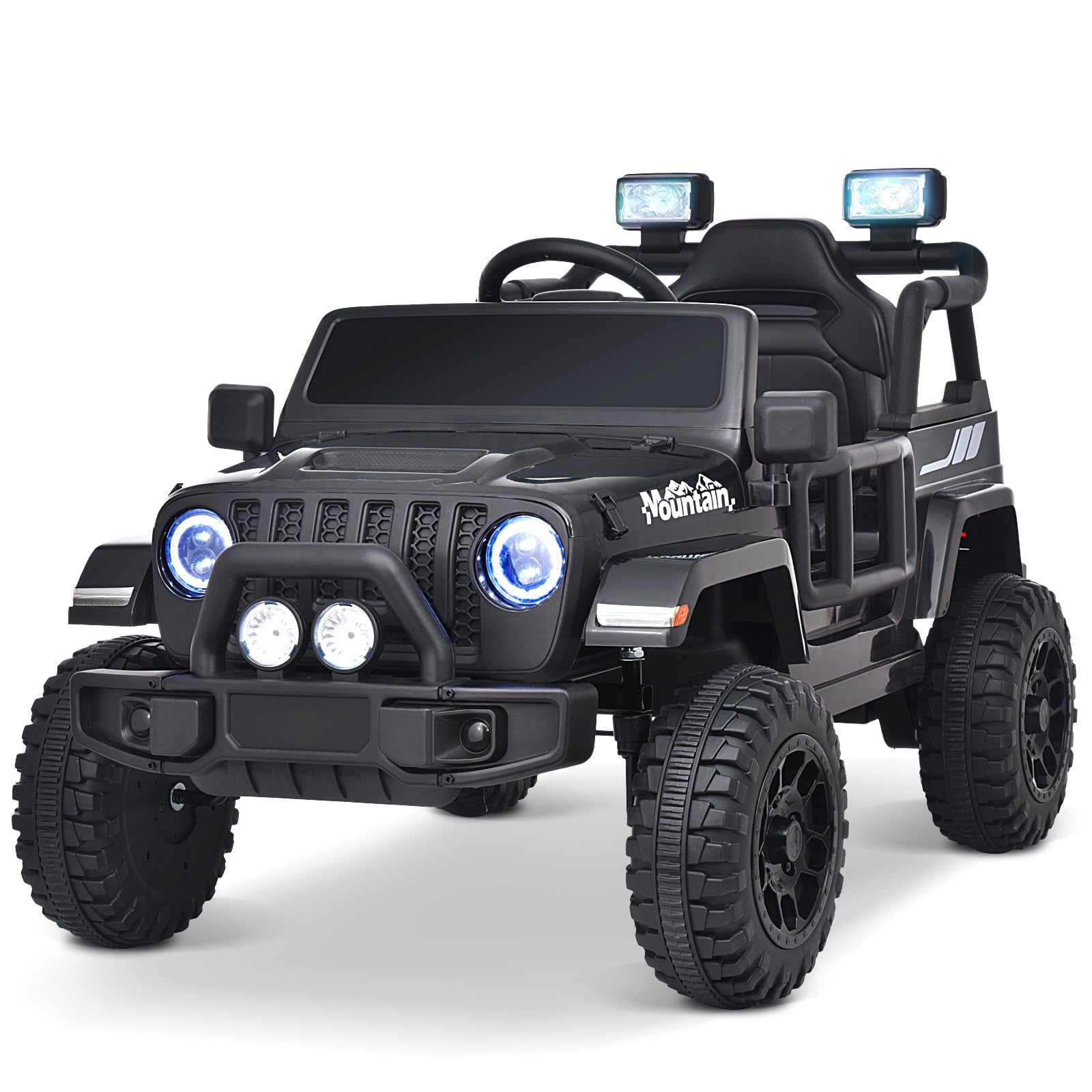 Joywhale 12V Kids Electric Ride-On Truck with Remote Control - 4-Wheel Suspension, LED Lights, Music & FM Radio, Seat Belt - Battery Powered Motorized Car for Boys & Girls (Black) | Perfect for Indoor & Outdoor Play, Birthday Gifts, and Backyard Adventures