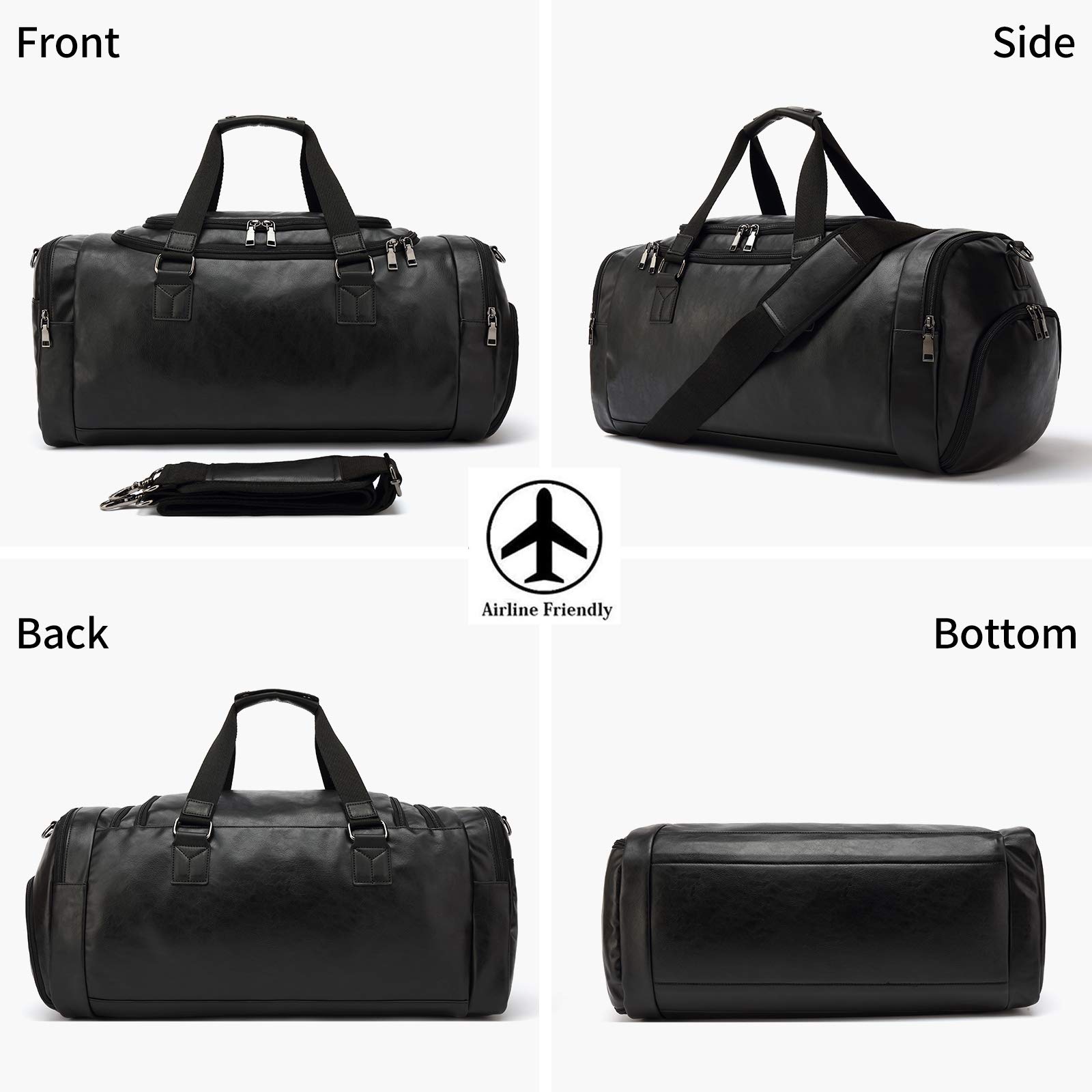 Premium Leather Travel Duffel Bag for Men & Women with Shoe Compartment - Water-Resistant Black Carry-On Luggage for Gym, Weekend Trips & Business Travel