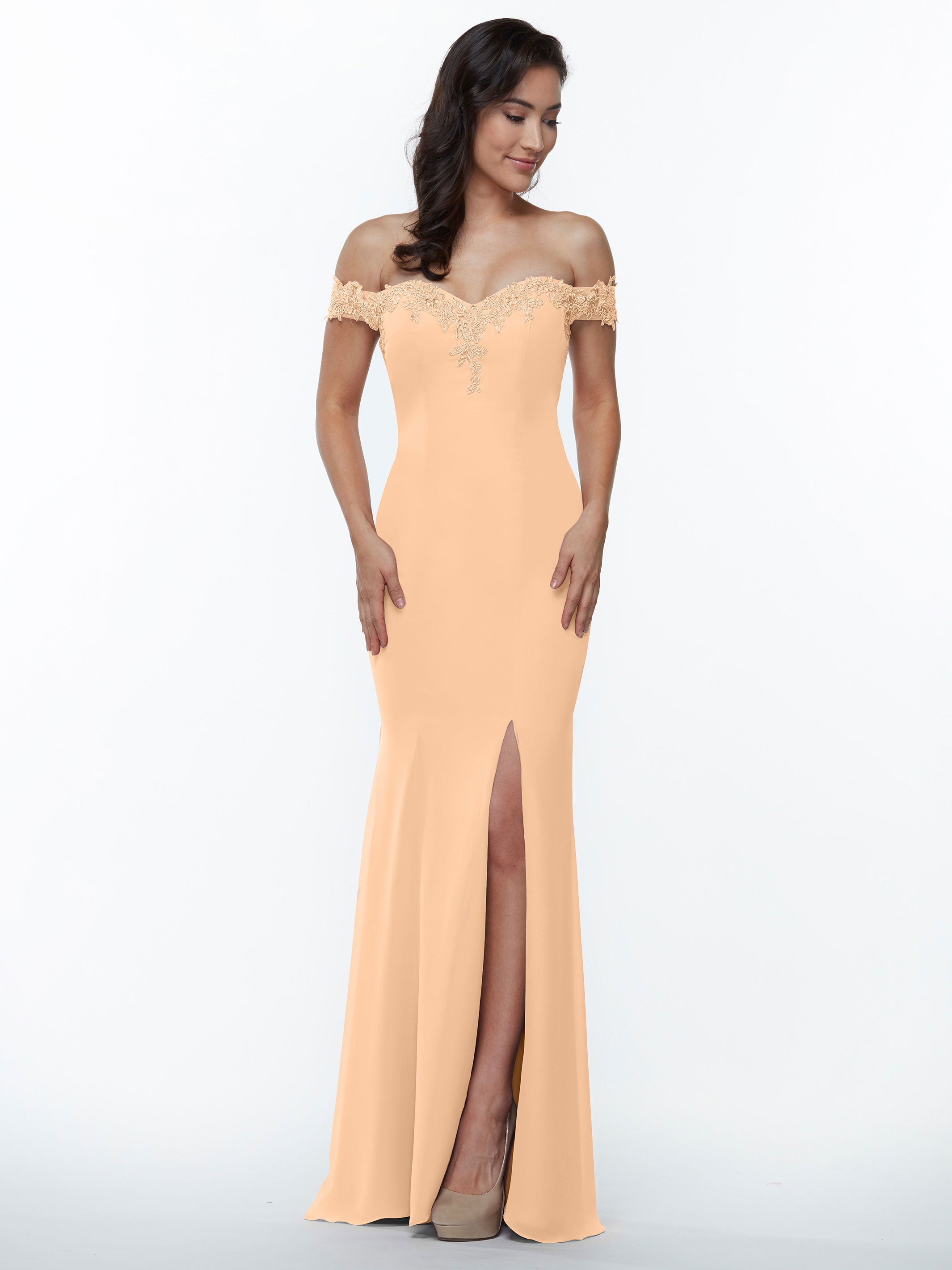 Elegant Off-the-Shoulder Lace and Chiffon Bridesmaid Dress 80121 - Perfect for Weddings, Formal Events & Special Occasions