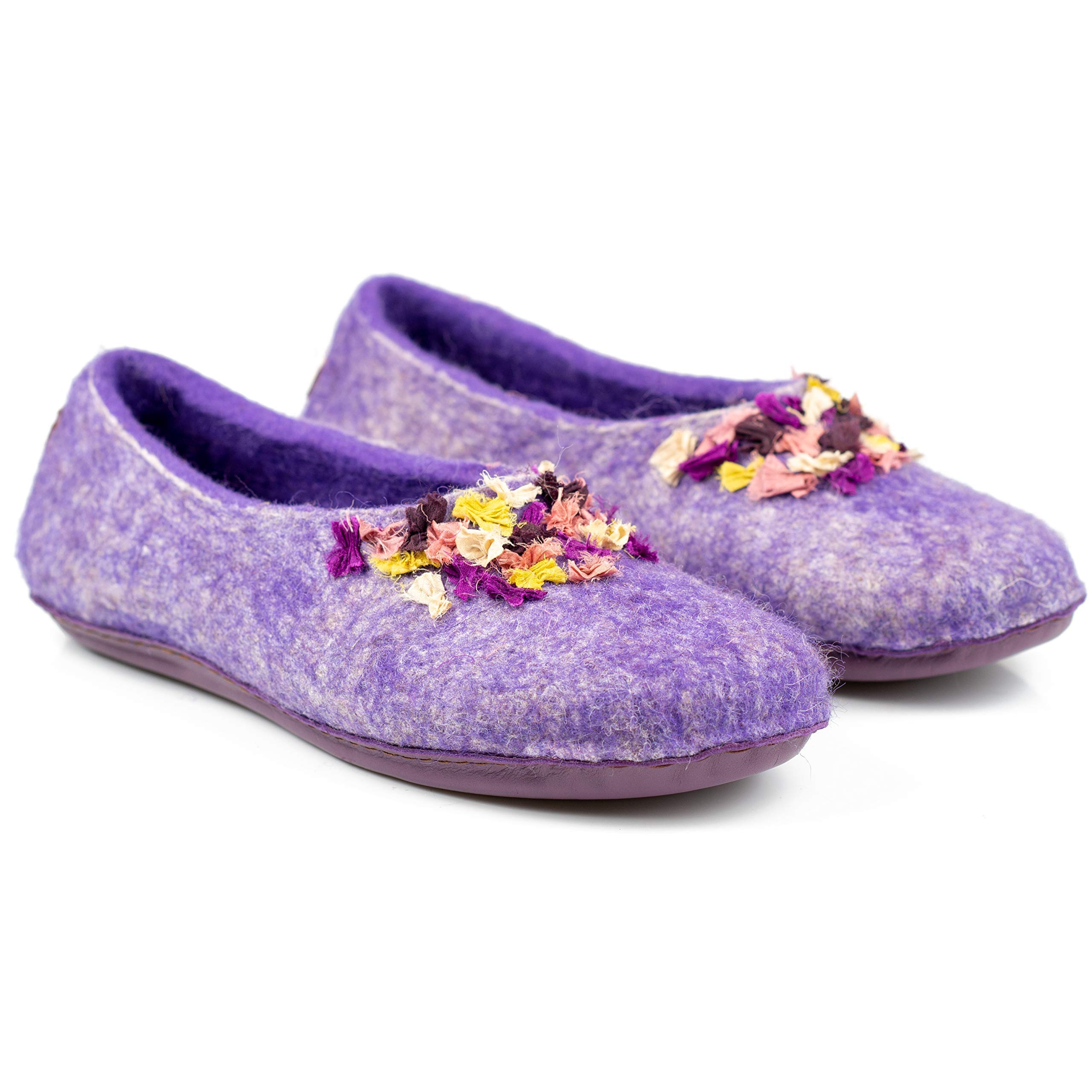 Handmade Women's Wool Slippers with Indian Silk Ribbons - Cozy Winter House Shoes for Women - Perfect Mother's Day Gift & Birthday Present for Her