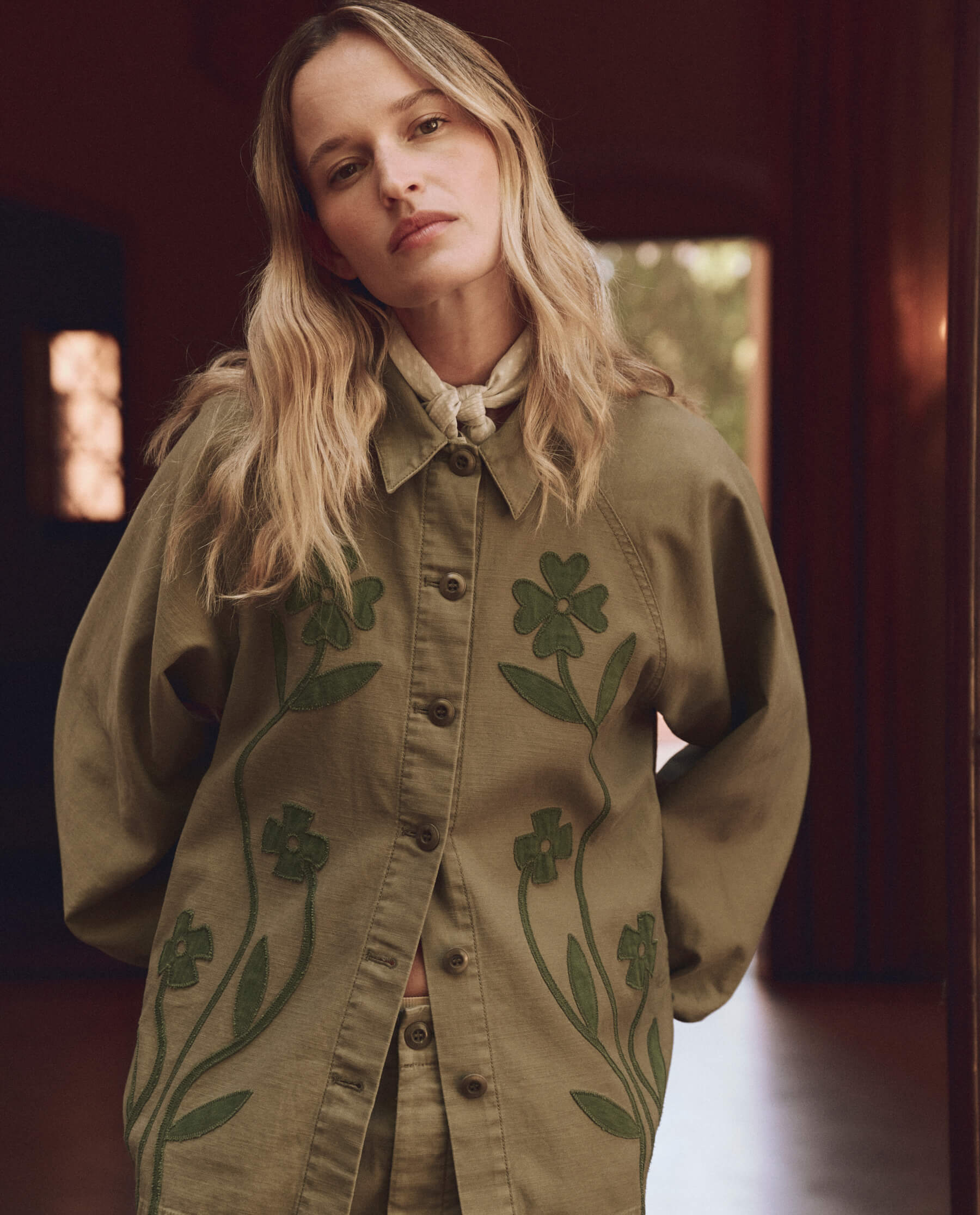 Floral Applique Commodore Jacket - Stylish Tonal Army Green Jacket for Women | Perfect for Casual Outings, Date Nights & Fall Fashion