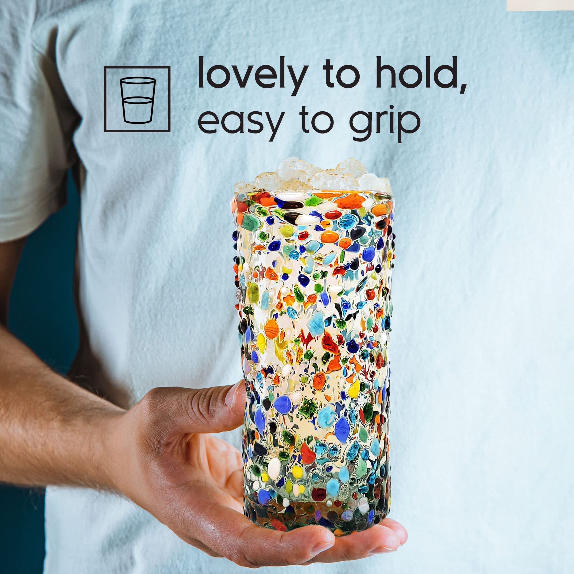 Colorful Confetti Rocks 20 oz Tall Iced Tea Glasses - Set of 6 Handmade Mexican Multicolor Recycled Glass Cups - Lead Free & Non-Toxic Drinkware - Perfect for Summer Parties, Margaritas, and Iced Beverages