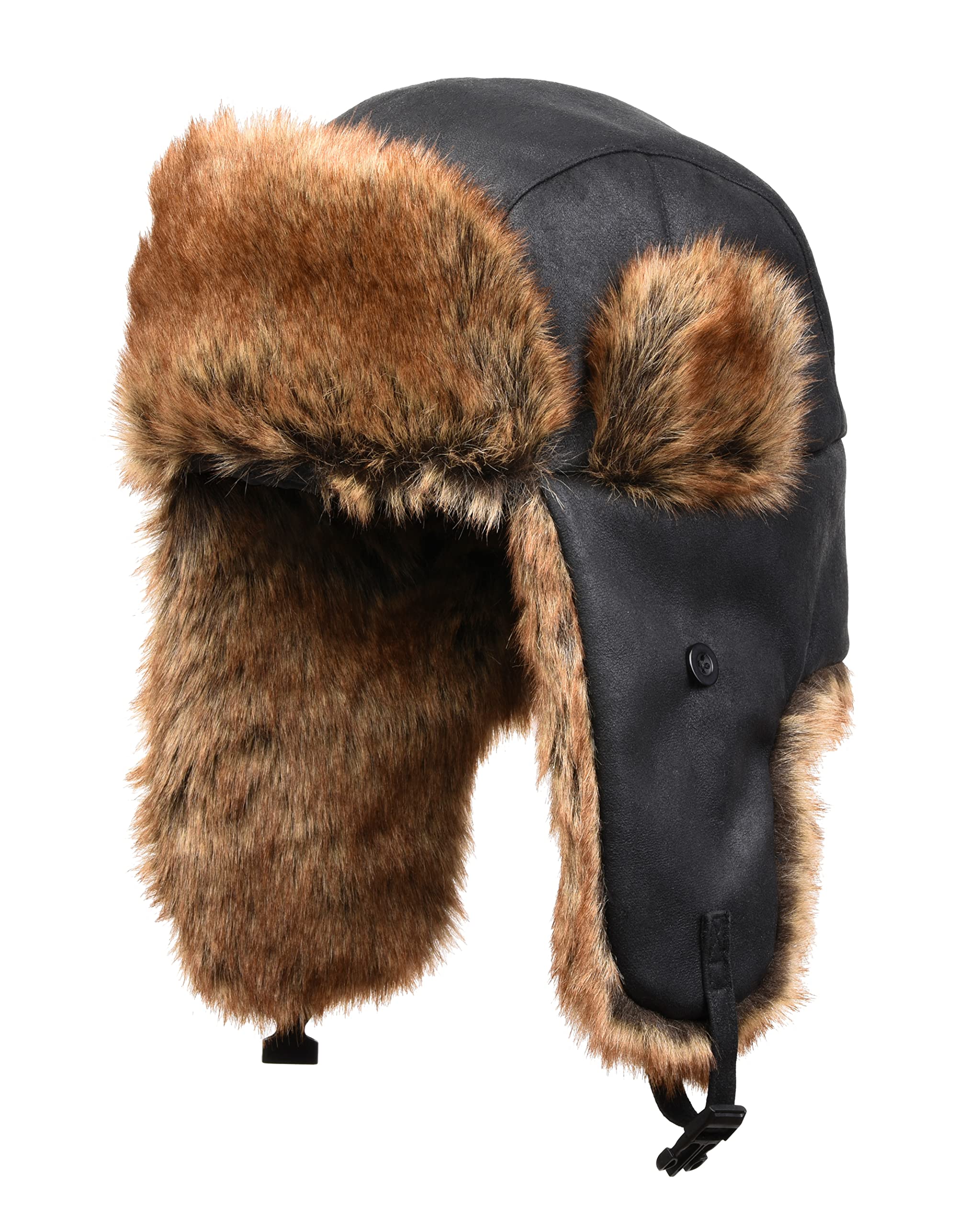 Men's Black Winter Bomber Hat with Earflaps - Faux Fur Trapper Hat for Cold Weather - Eskimo Style Lumberjack Cap for Outdoor Activities, Skiing, and Snowboarding