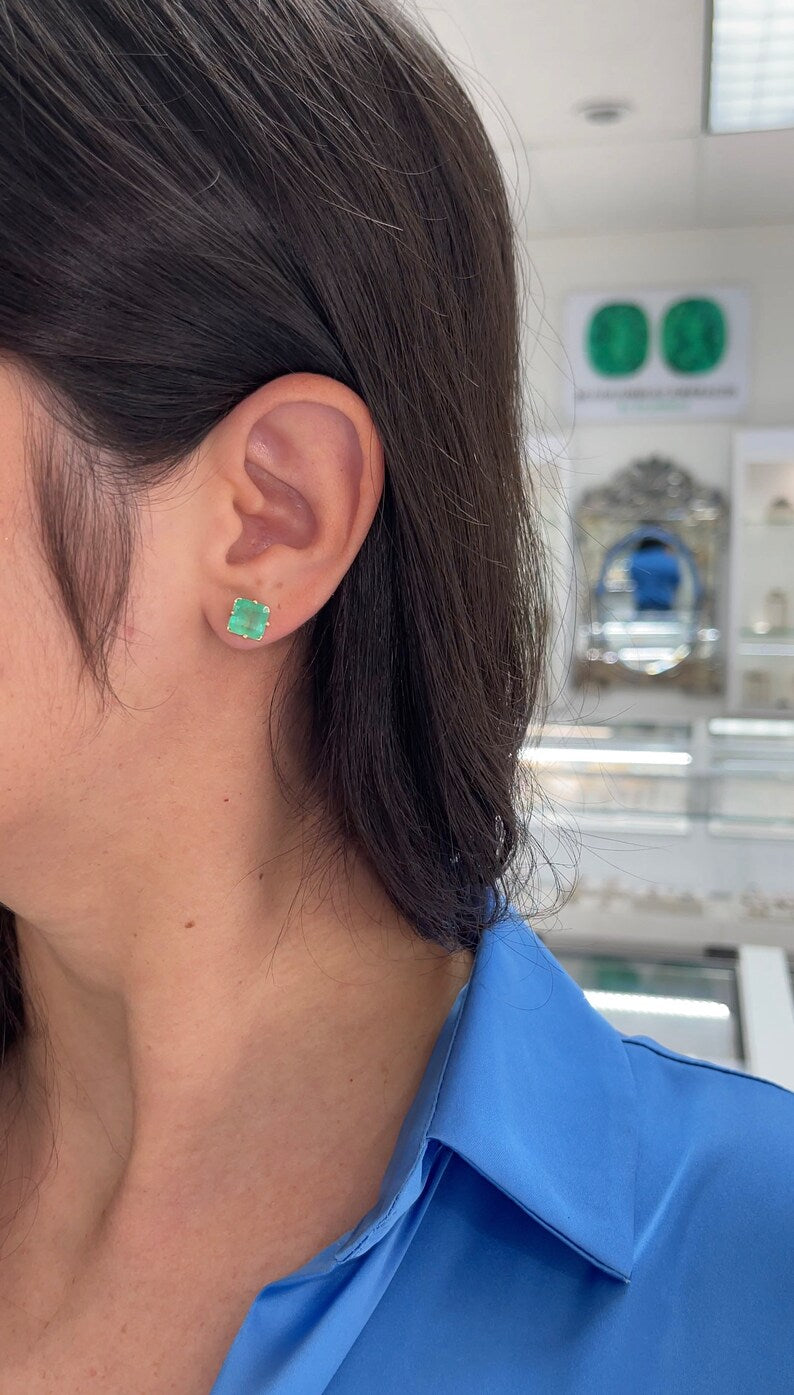 3.99tcw 14K Gold Asscher Cut 4-Prong Medium Green Emerald Stud Earrings for Men & Women | Perfect for Weddings, Parties & Everyday Wear