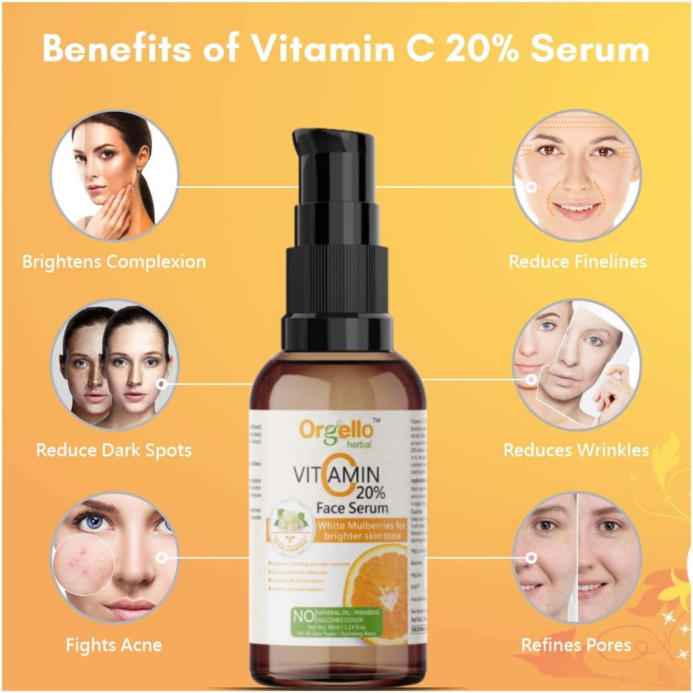 Orgello 20% Vitamin C Serum with Hyaluronic Acid & Rose Water Toner Set - Brightening Skincare Kit for Face (30ml Serum + 100ml Toners) - Perfect for Daily Glow Routine, Dark Spot Treatment & Hydration