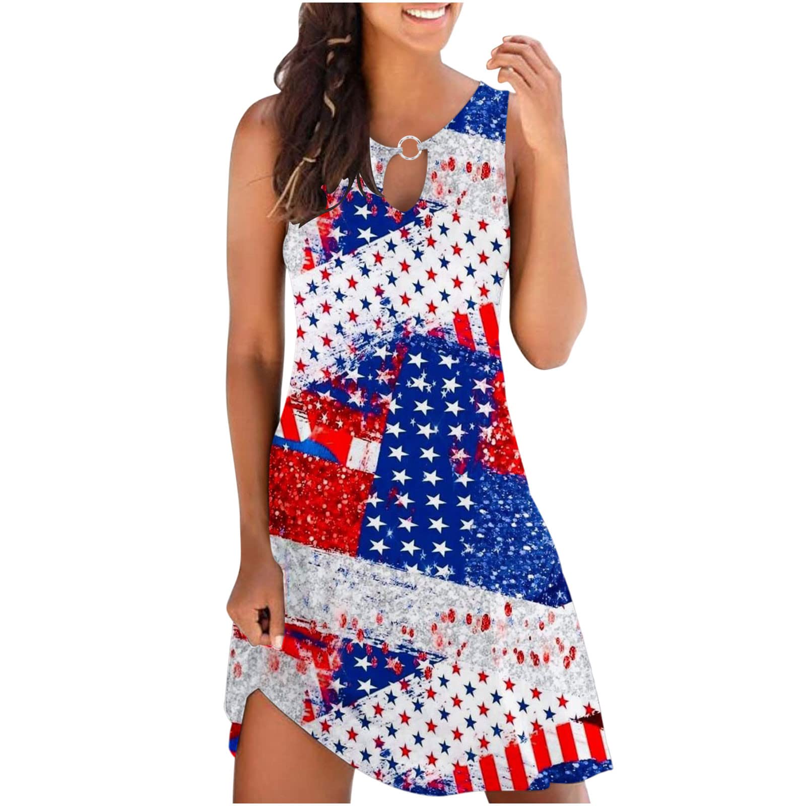 Women's Floral Print Summer Dress - Sleeveless Boho Mini Dress with Hollow Out Crewneck for Casual & Beach Wear | Perfect for Vacations, Picnics, and Outdoor Parties