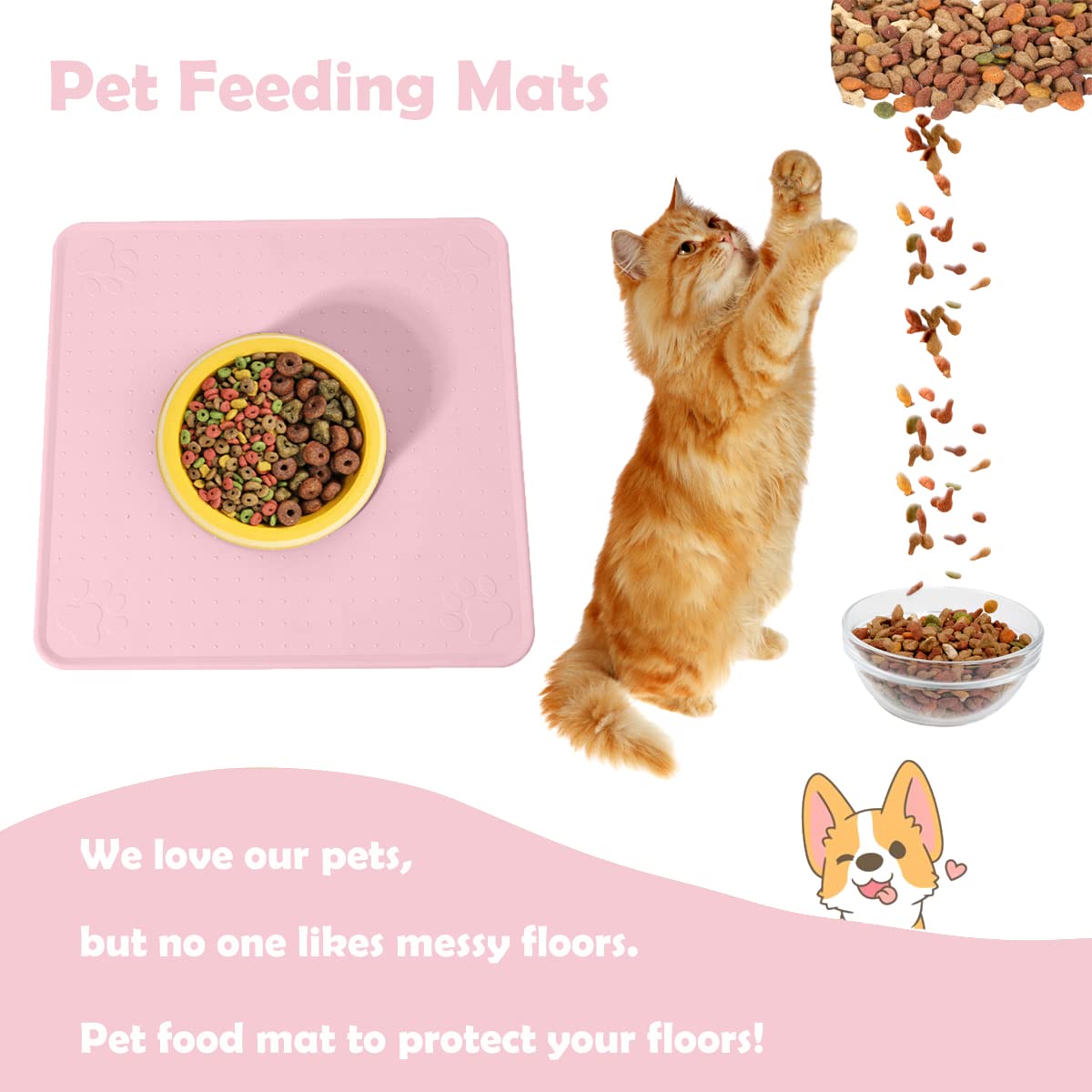 Non-Slip Silicone Pet Food Mat - Waterproof, Washable Dog & Cat Feeding Mat for Floors - Durable Food & Water Bowl Mat for Pets (Pink) - Perfect for Messy Eaters & Easy Cleanup in Kitchen or Feeding Area