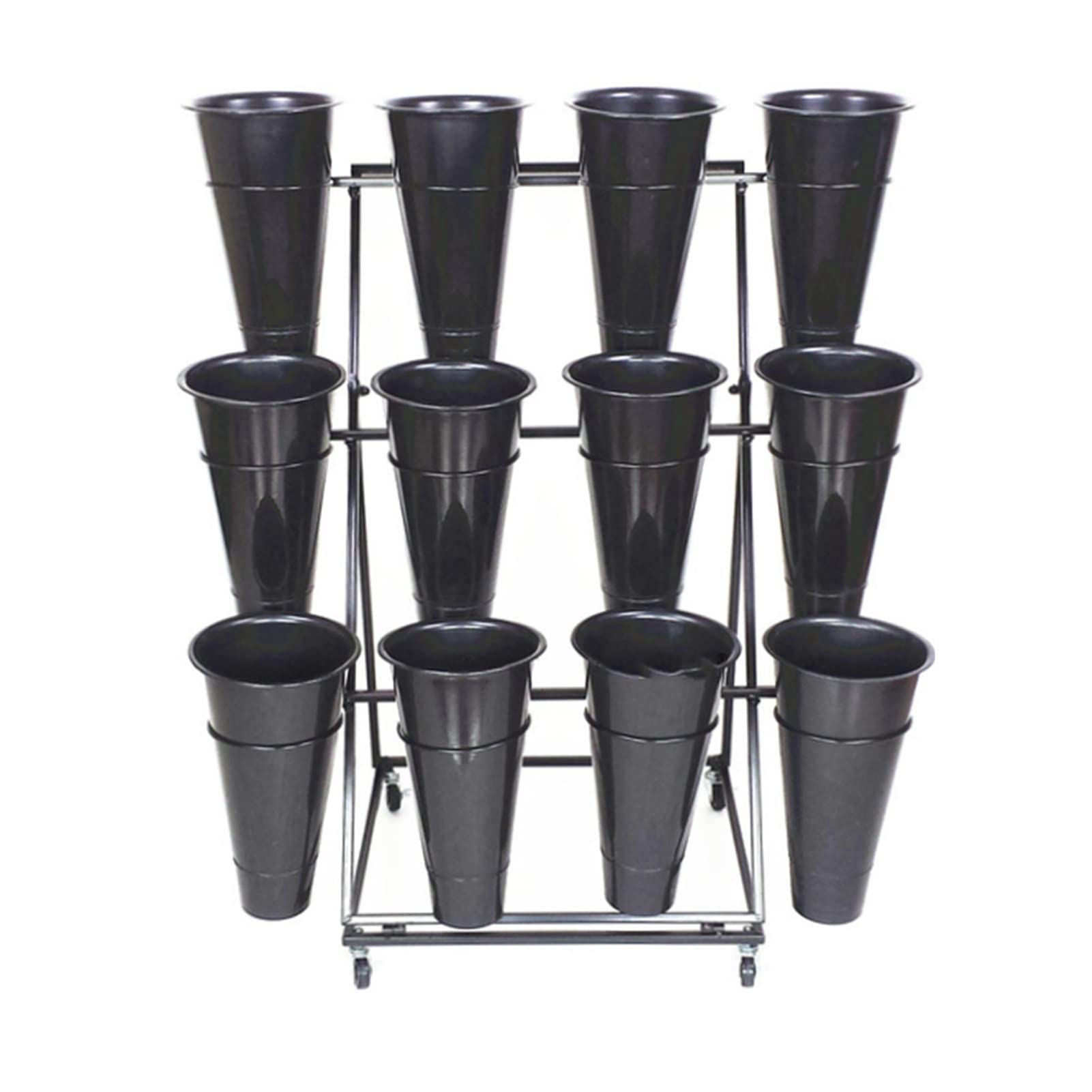 3-Tier Wrought Iron Flower Stand with 12 Round Buckets - Mobile Plant Display Stand with Wheels for Home, Garden, Balcony, Wedding & Flower Shop Decor (48×50×96cm, Black) - Perfect for Indoor/Outdoor Plant Arrangements & Event Decorations