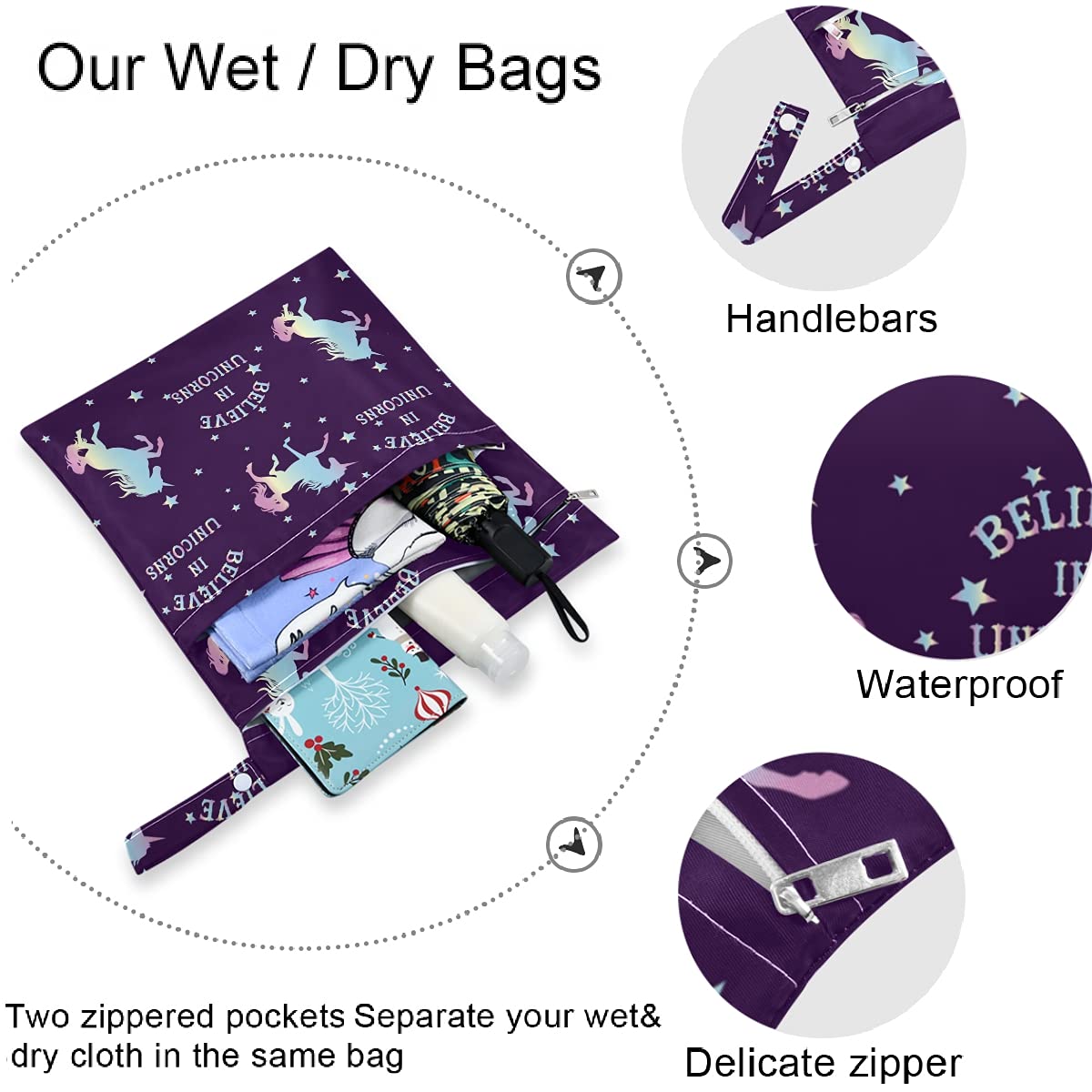 Believe in Unicorn 2-Pack Waterproof Wet Bags with Zipper Pockets | Reusable Washable Diaper & Swim Bag for Travel, Beach, Gym, Daycare | Perfect for Strollers, Dirty Clothes, Wet Swimsuits & Toiletries Organization