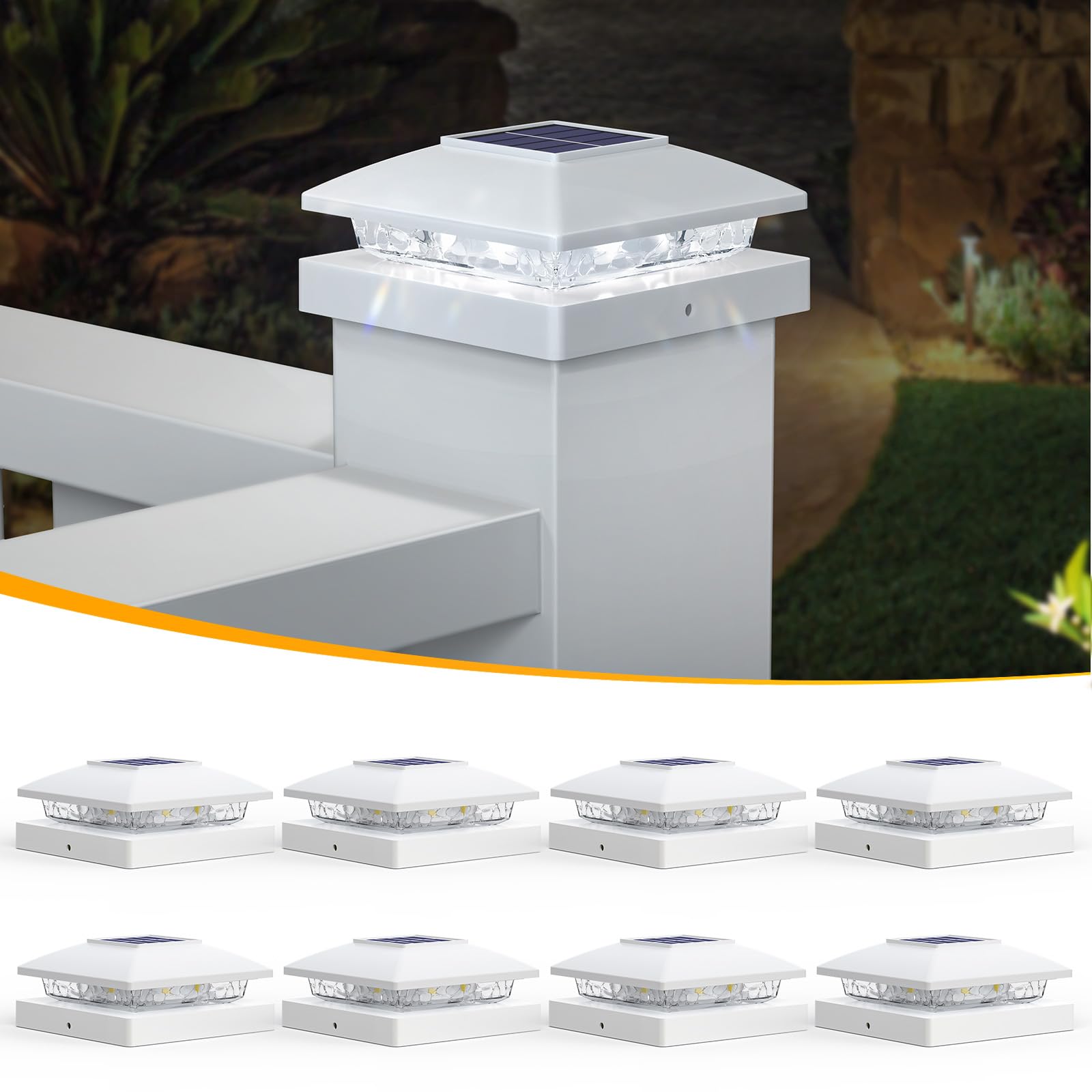 APONUO 8 Pack Solar Post Cap Lights - Cool White Waterproof Outdoor Solar Lights for 4x4 Wood/Vinyl Fence, Deck & Patio - Energy Efficient Garden & Pathway Lighting for Nighttime Safety & Ambience