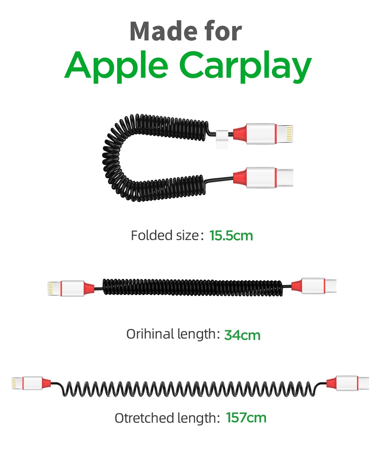 Premium AICase Coiled USB-C to Lightning Cable for Apple CarPlay - Durable Expansion Spring Design, Fast PD Charging Compatible with iPhone 14/13/12/11/X/8 Plus & AirPods Pro - Perfect for Car, Home & Office Use