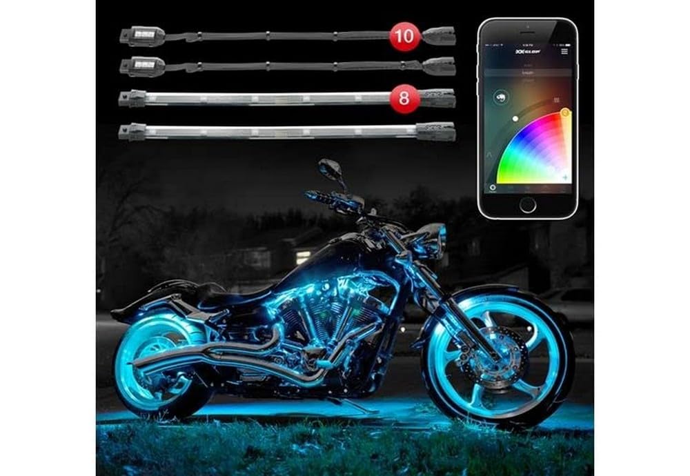 XKGLOW Chrome App Control Motorcycle LED Accent Light Kit - 10 Pods & 8 Strips for Custom Bike Lighting | Perfect for Night Riding, Car Shows & Motorcycle Customization
