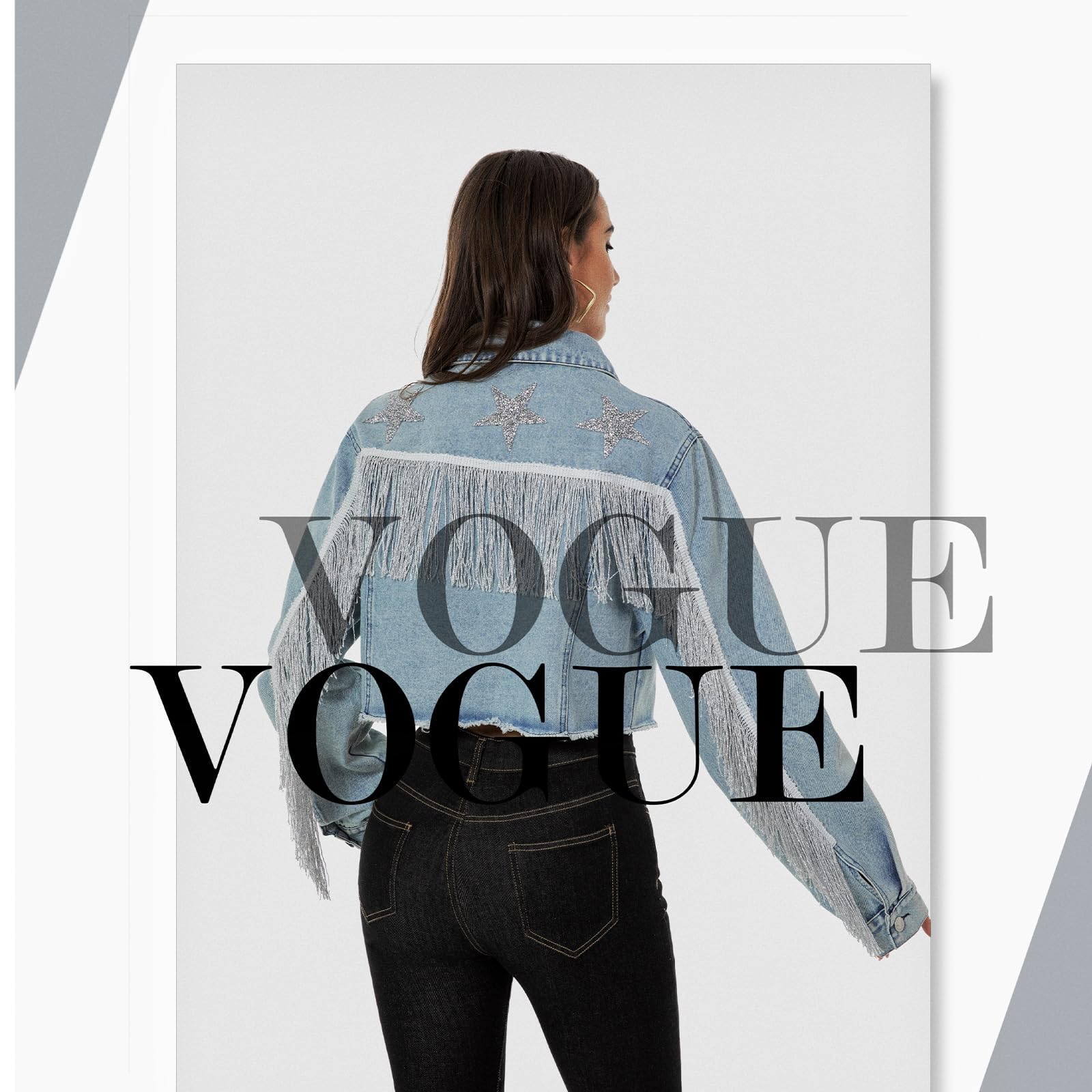 Distressed Cropped Denim Jacket for Women - Rhinestone & Fringe Embellished Long Sleeve Jean Coat | Perfect for Casual Outfits, Music Festivals & Boho Style
