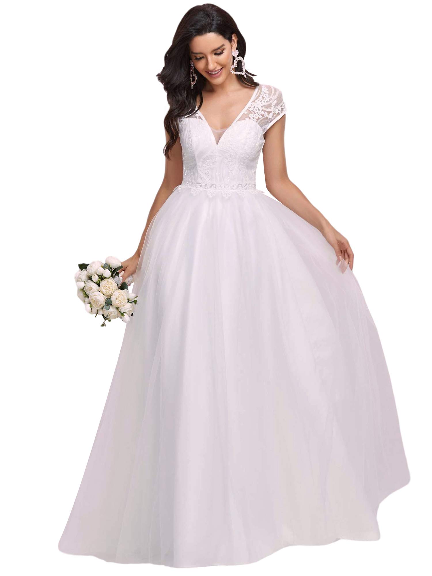 Ever-Pretty Women's V-Neck Lace Embroidered A-Line Tulle Wedding Dress 0235 | Elegant Bridal Gown for Beach, Garden & Church Ceremonies
