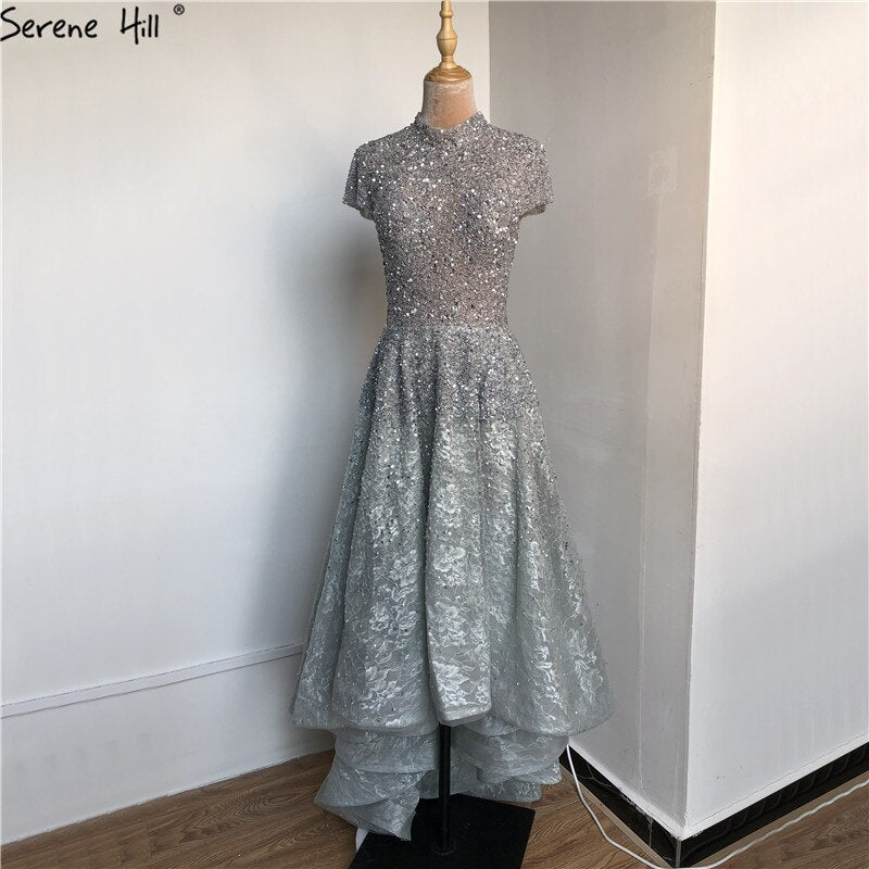 Elegant Silver Asymmetrical Sleeveless Evening Dress 2025 with Pearl Cap Sleeves & Sparkle Details - Sexy Formal Gown for Prom, Wedding & Special Occasions - LA60757